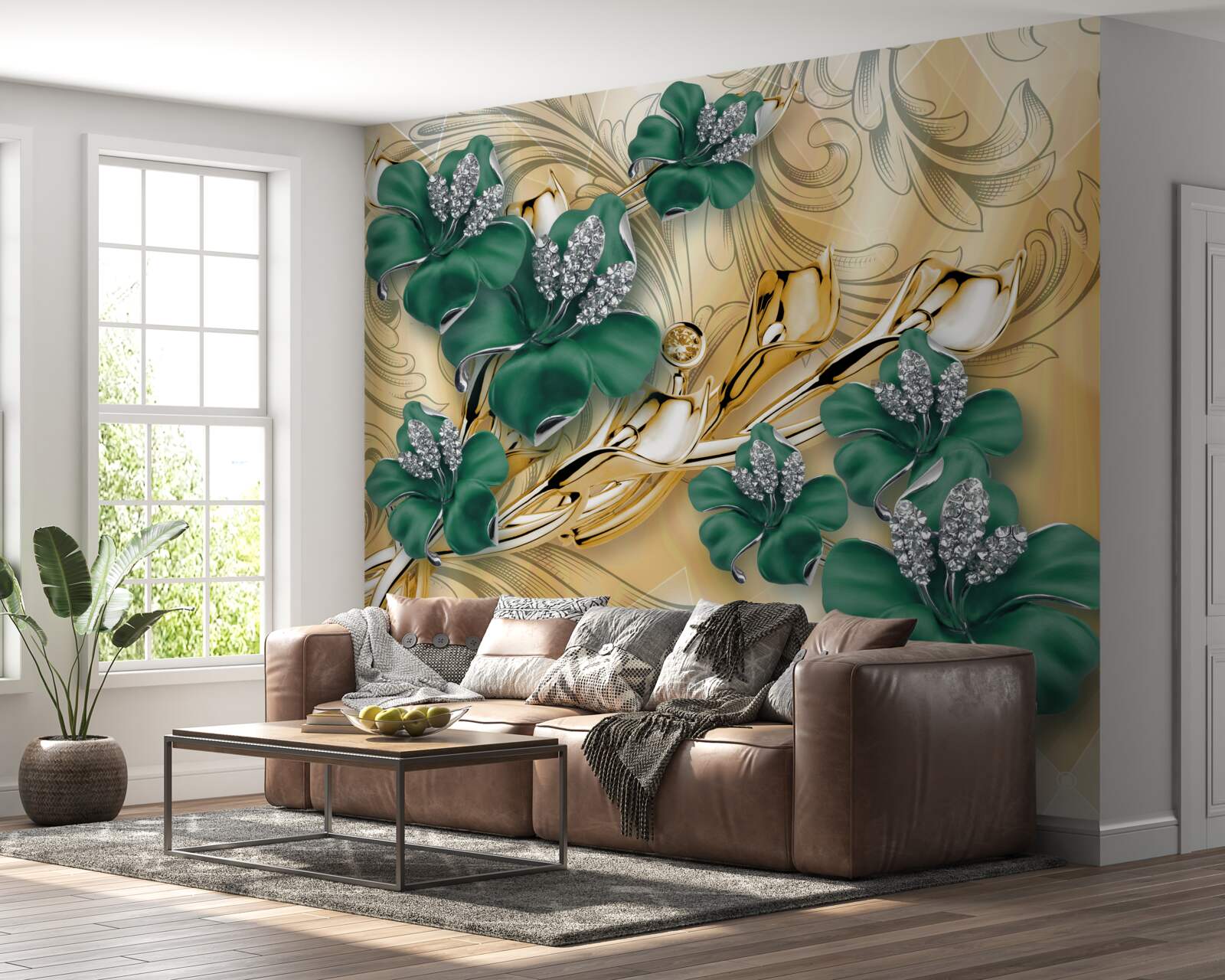 Фотошпалери смарагдові квіти виблискують у золотій оправі