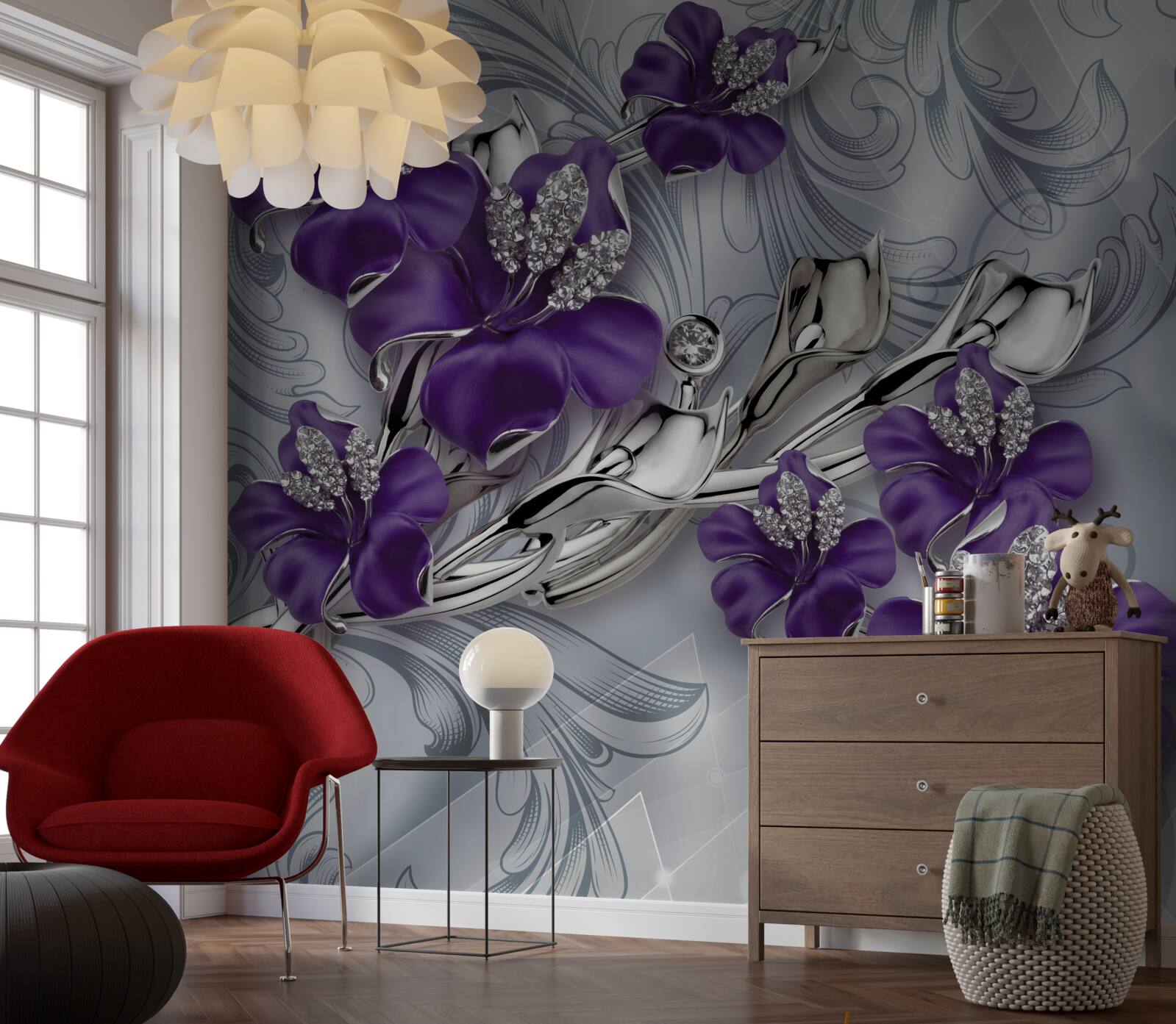 Фотошпалери магнолія фіолетова серед каміння та золота