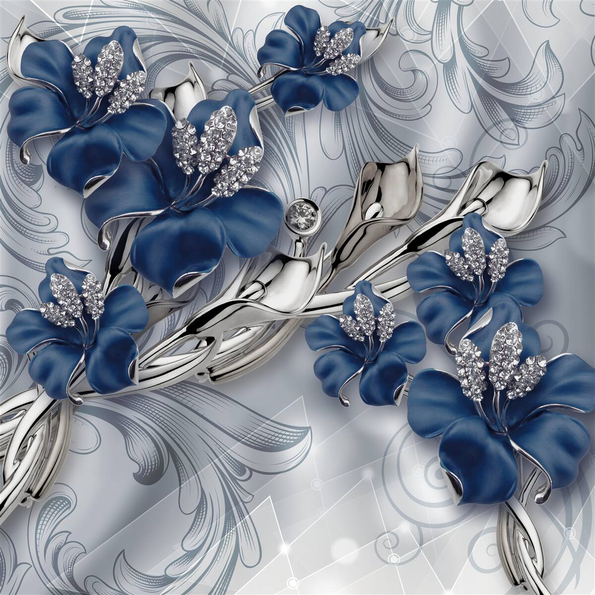 Фотошпалери блакитні квіти з золотистими гілками та кам'яними елементами