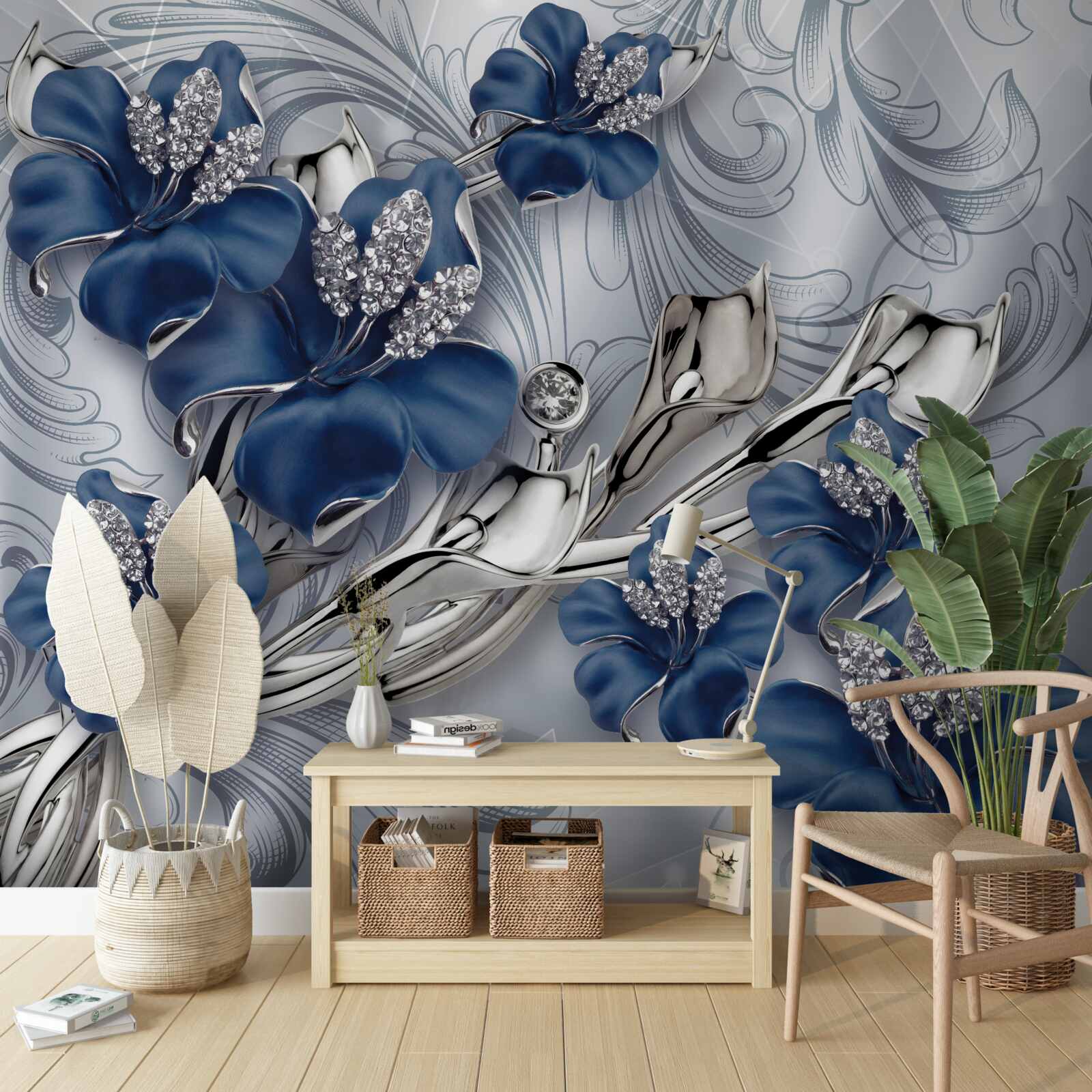 Фотошпалери блакитні квіти з золотистими гілками та кам'яними елементами