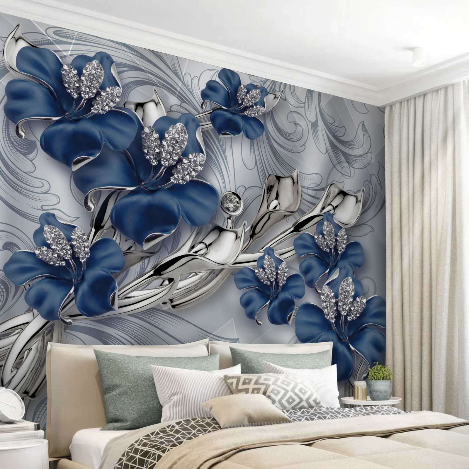 Фотошпалери блакитні квіти з золотистими гілками та кам'яними елементами