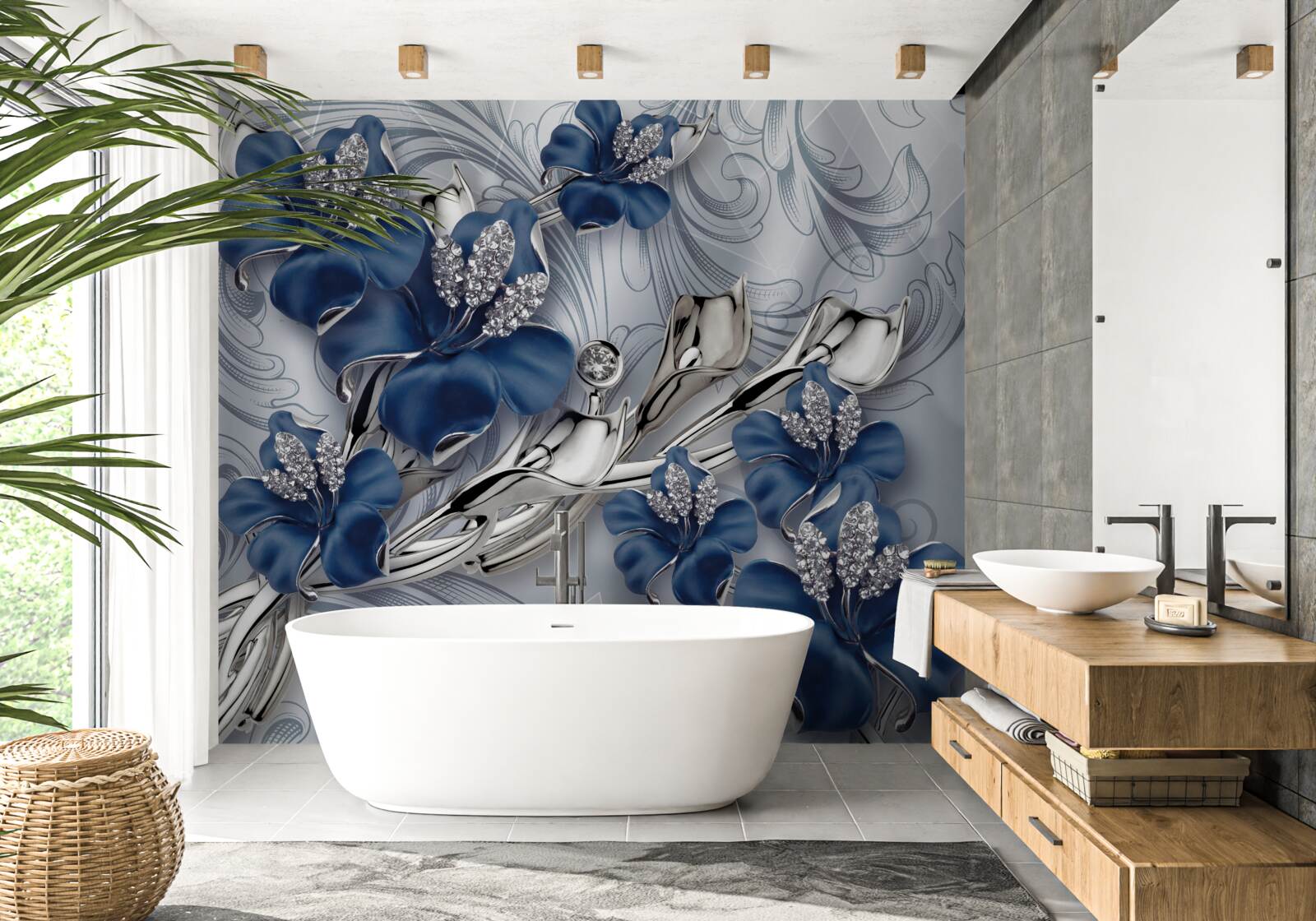 Фотошпалери блакитні квіти з золотистими гілками та кам'яними елементами