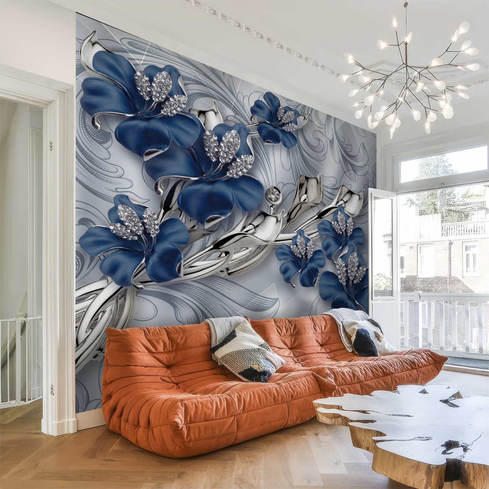 Фотошпалери блакитні квіти з золотистими гілками та кам'яними елементами