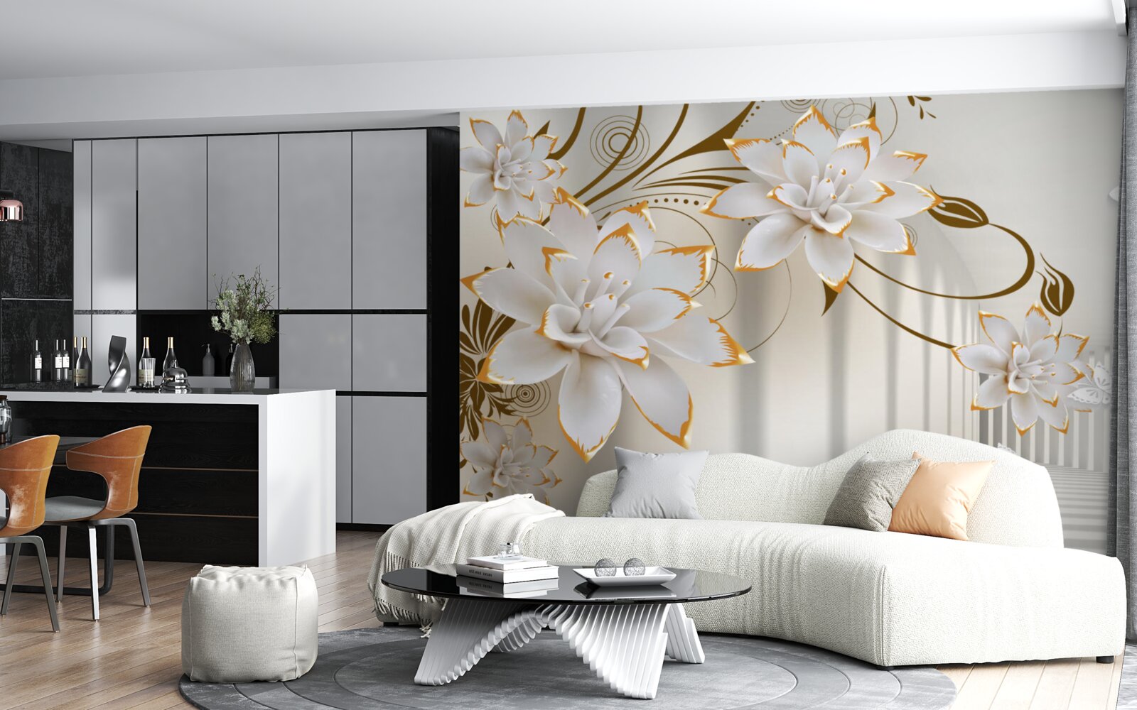 Фотошпалери білий лотос і золото стали абстракцією тунелю