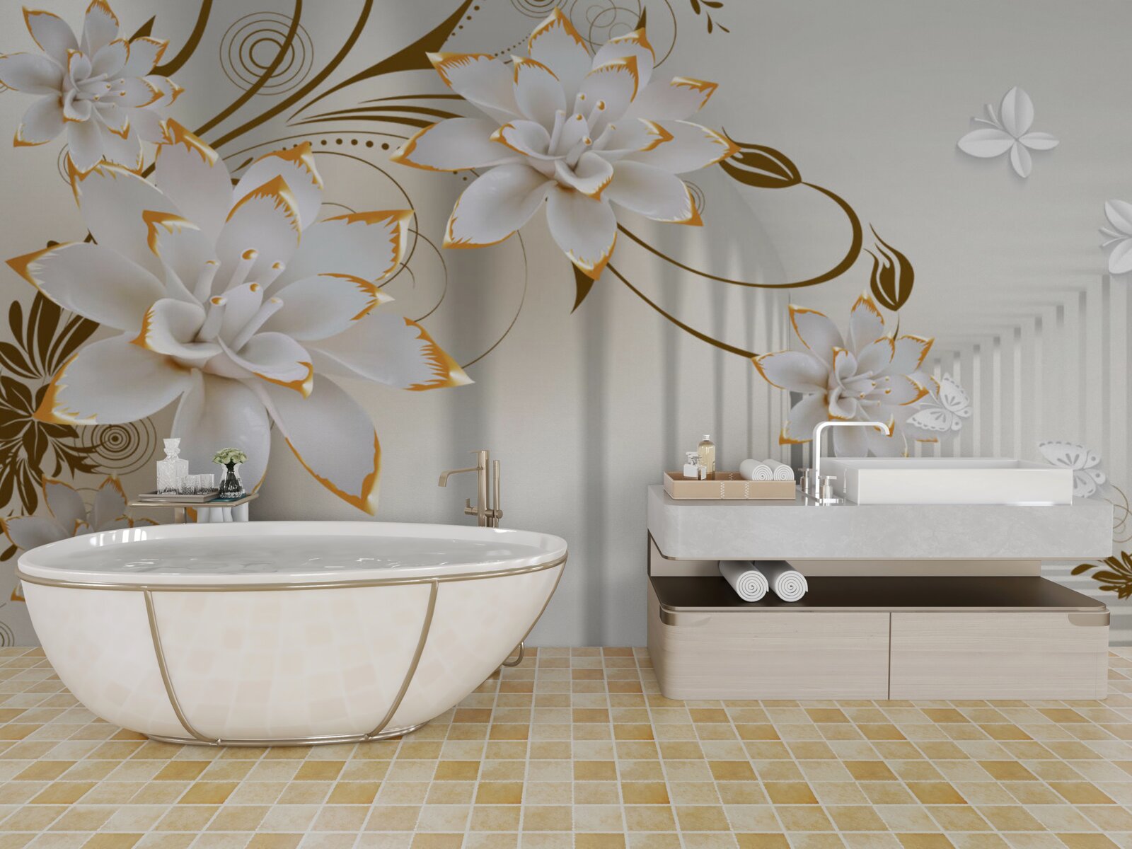 Фотошпалери білий лотос і золото стали абстракцією тунелю