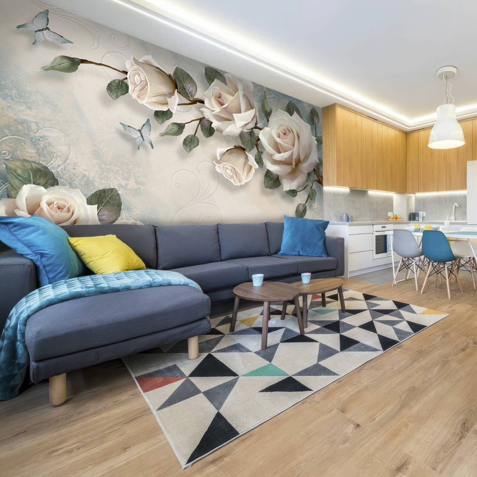 Фотошпалери метелики та троянди розпускаються