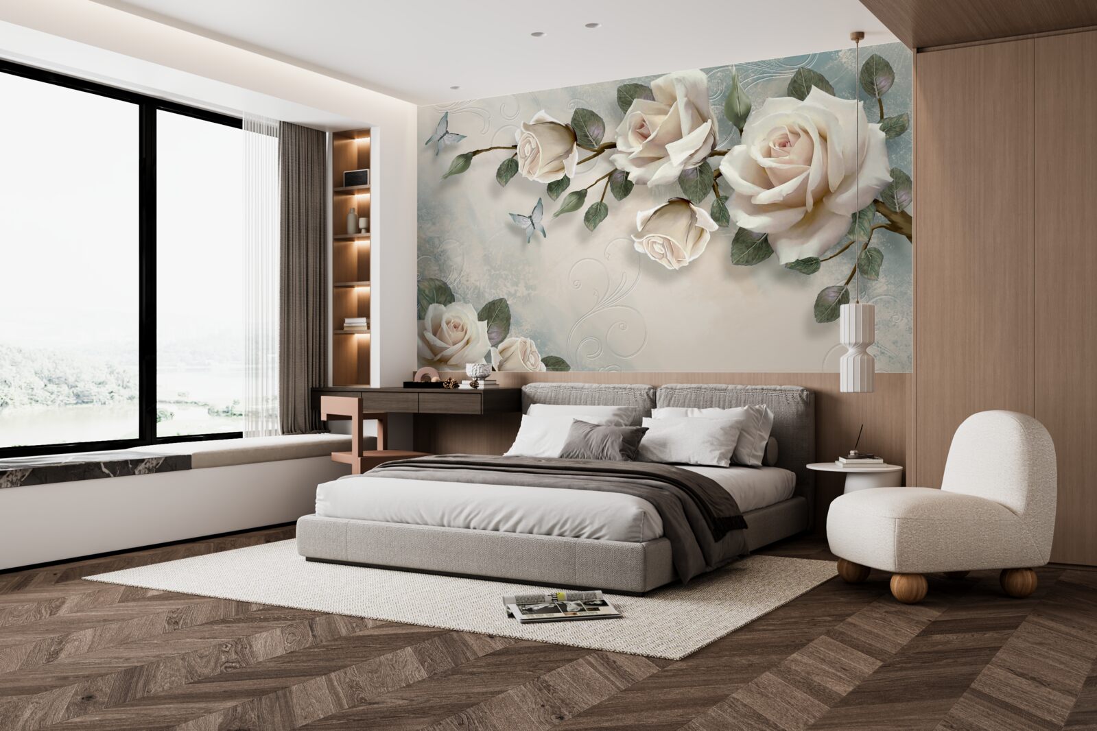 Фотошпалери метелики та троянди розпускаються