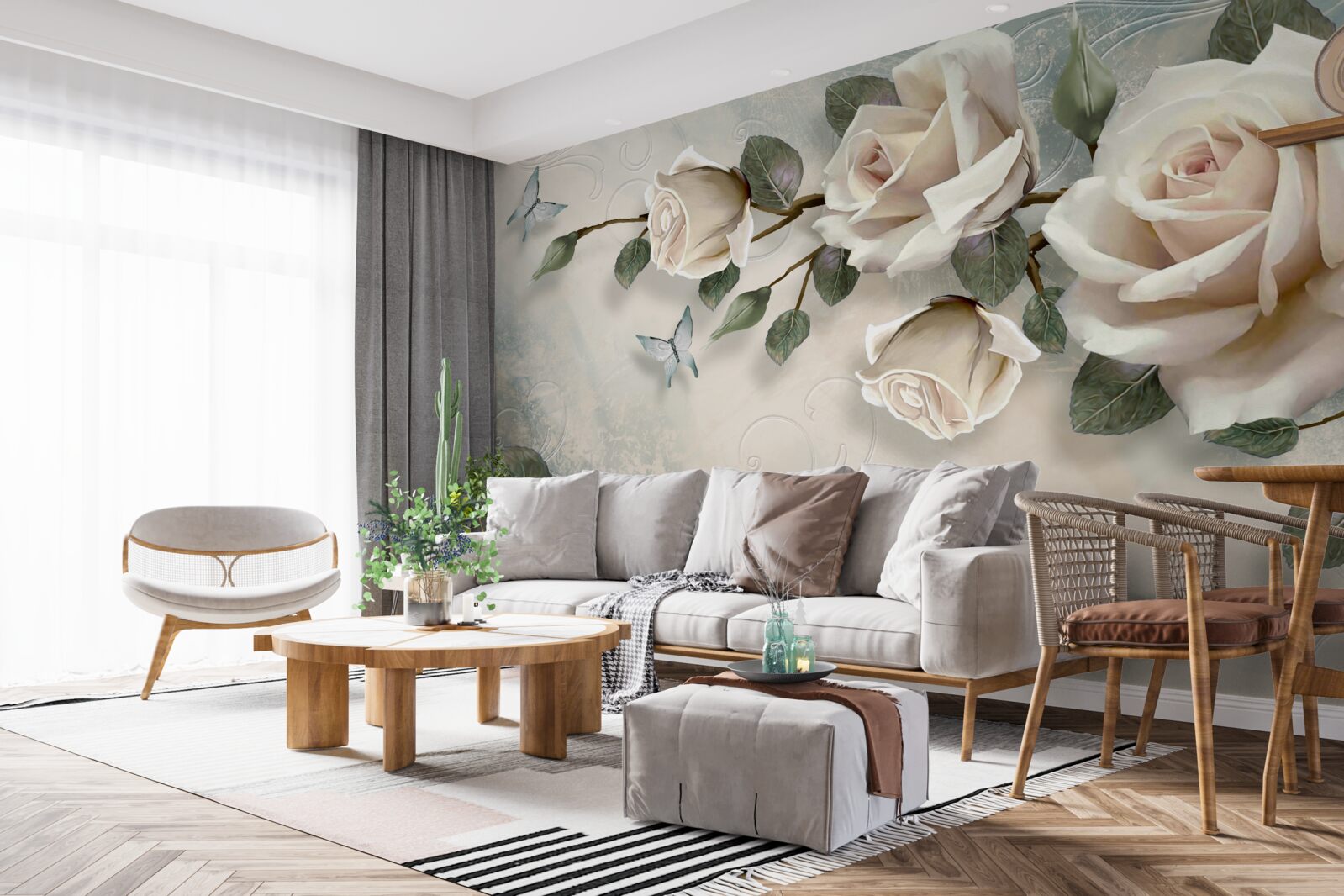 Фотошпалери метелики та троянди розпускаються