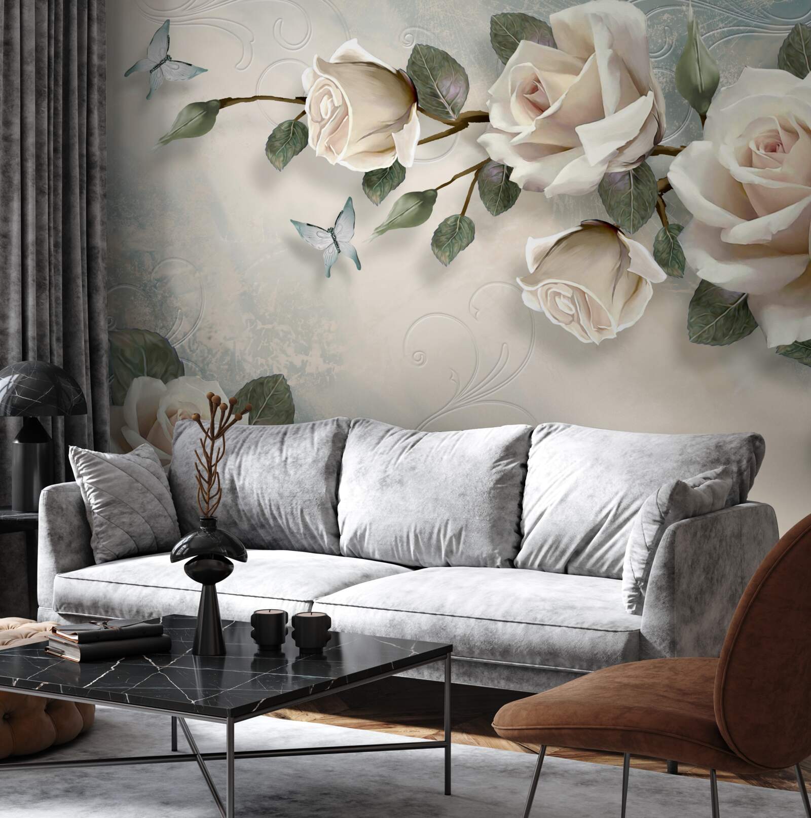 Фотошпалери метелики та троянди розпускаються