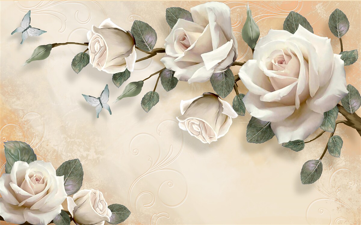 Фотошпалери метелики та гілка білої троянди з куща