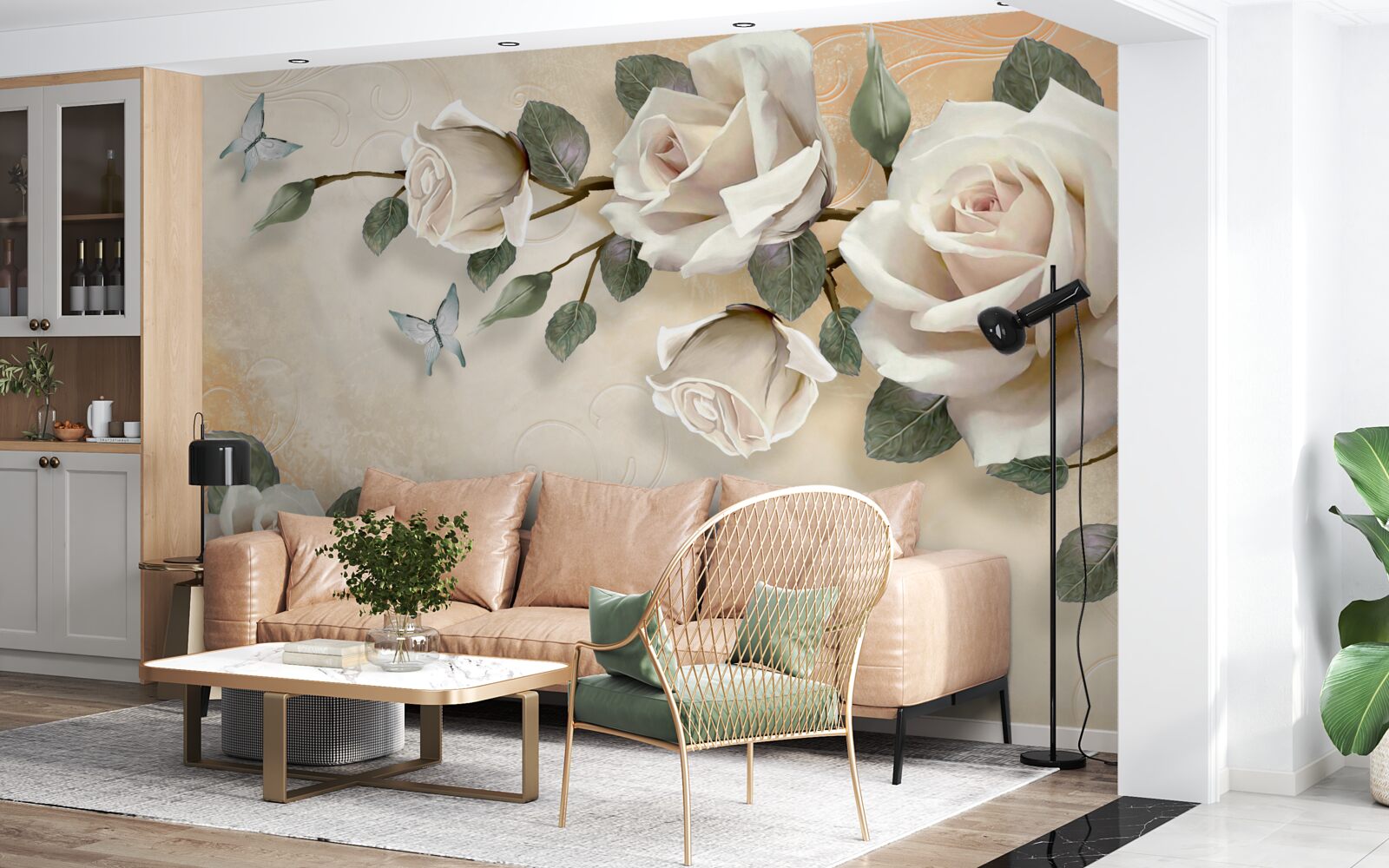 Фотошпалери метелики та гілка білої троянди з куща