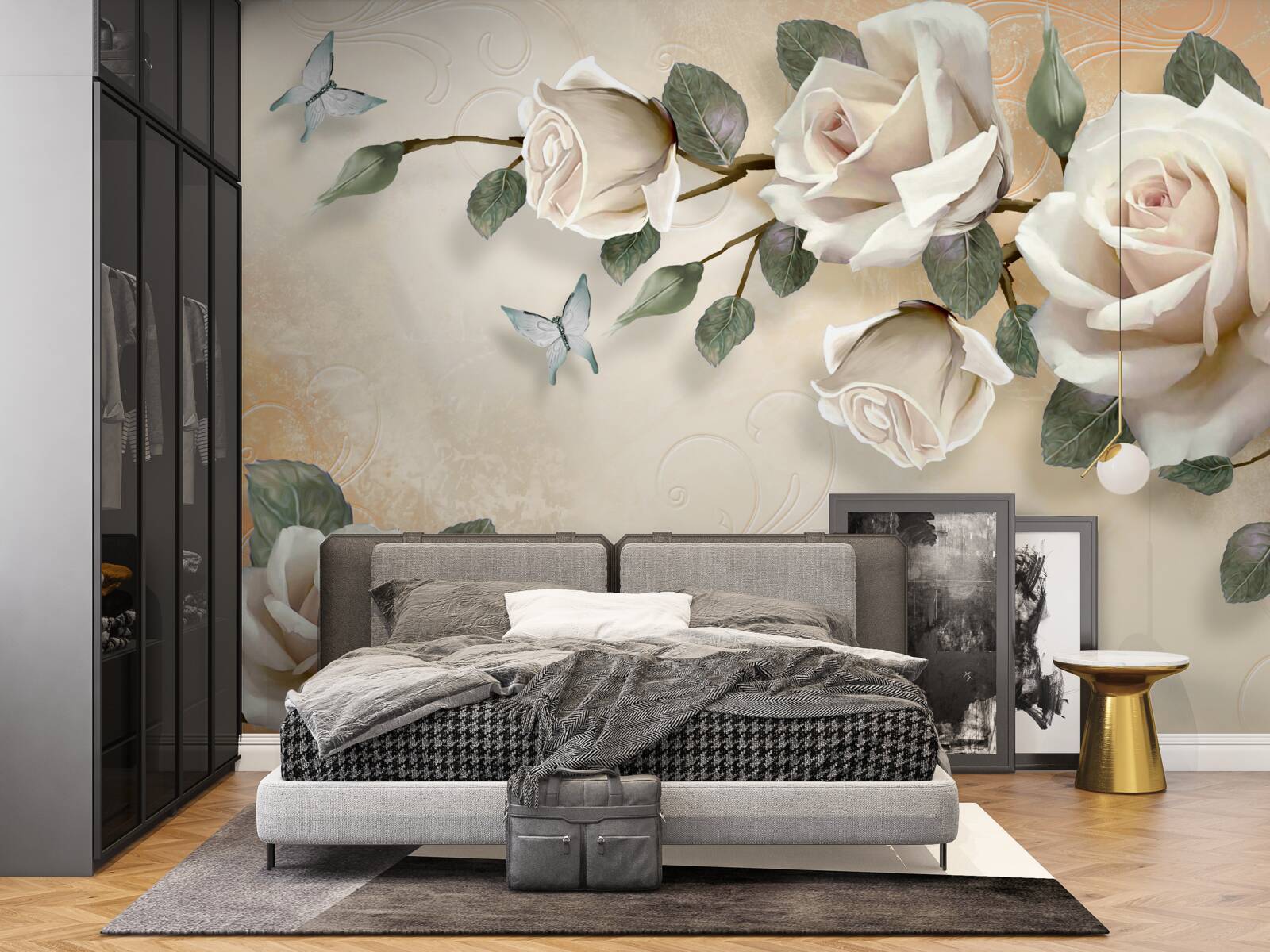 Фотошпалери метелики та гілка білої троянди з куща