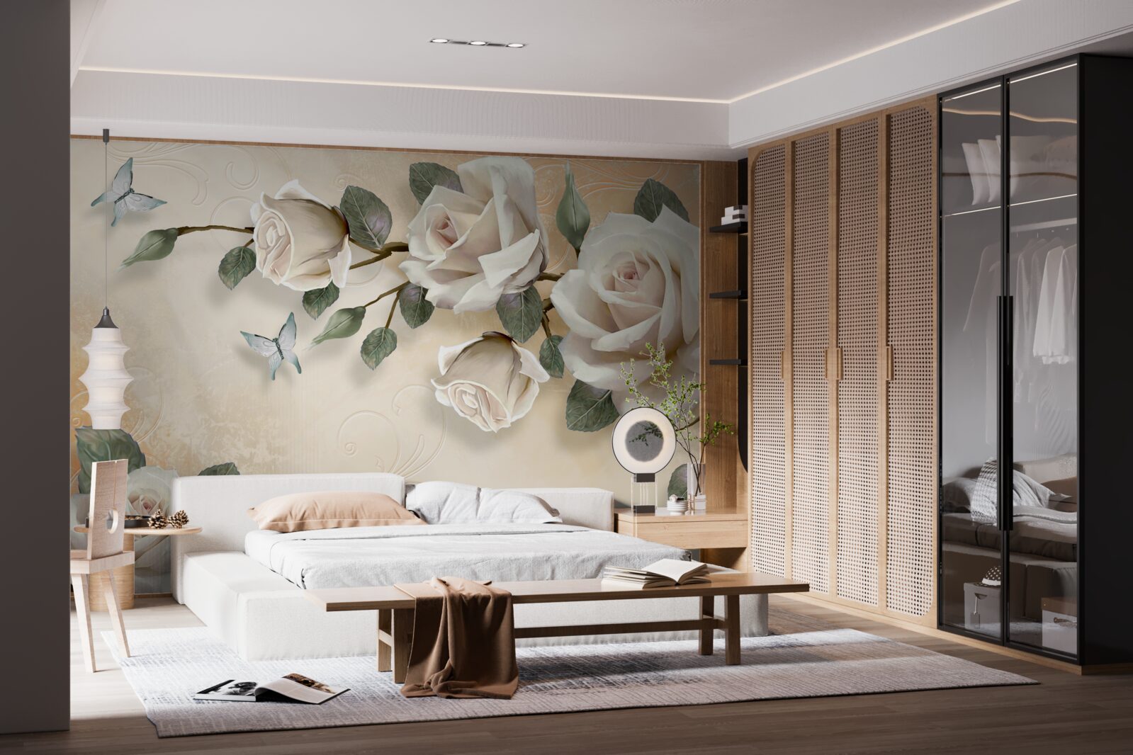 Фотошпалери метелики та гілка білої троянди з куща