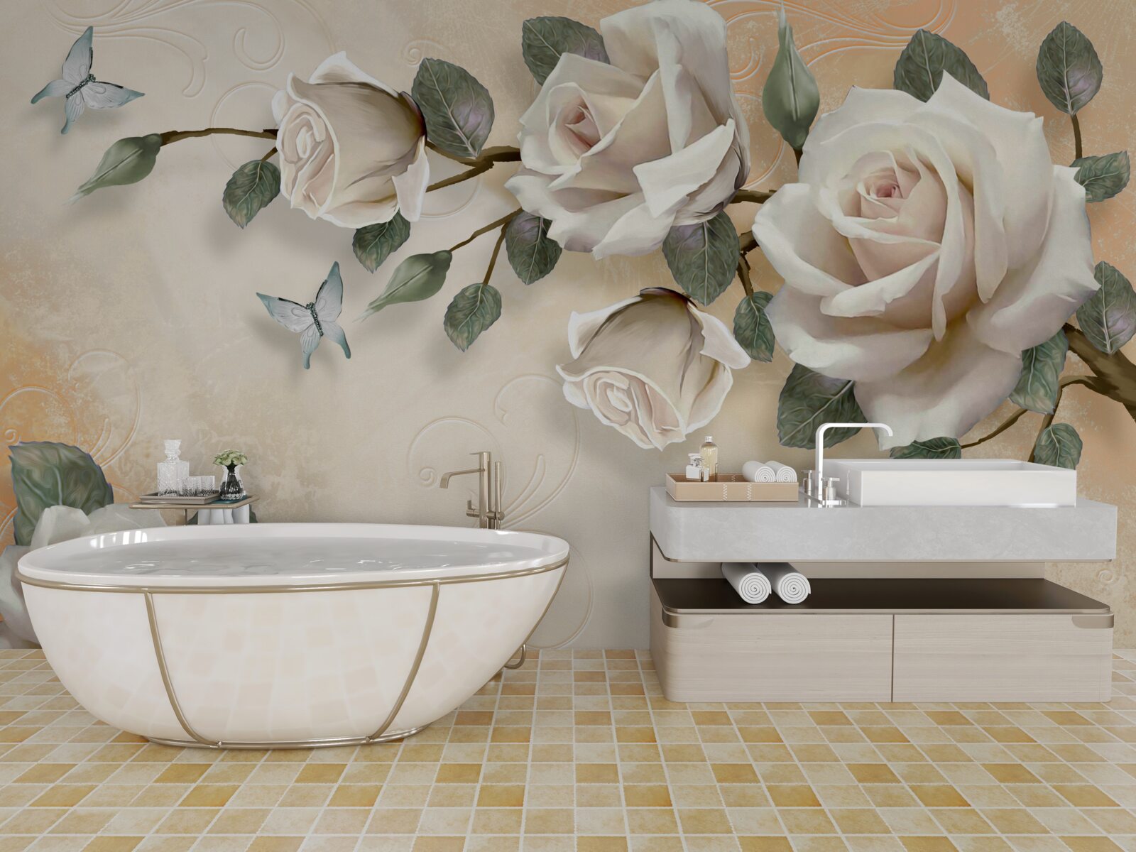 Фотошпалери метелики та гілка білої троянди з куща