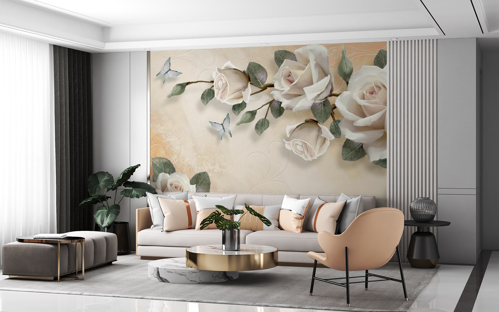 Фотошпалери метелики та гілка білої троянди з куща