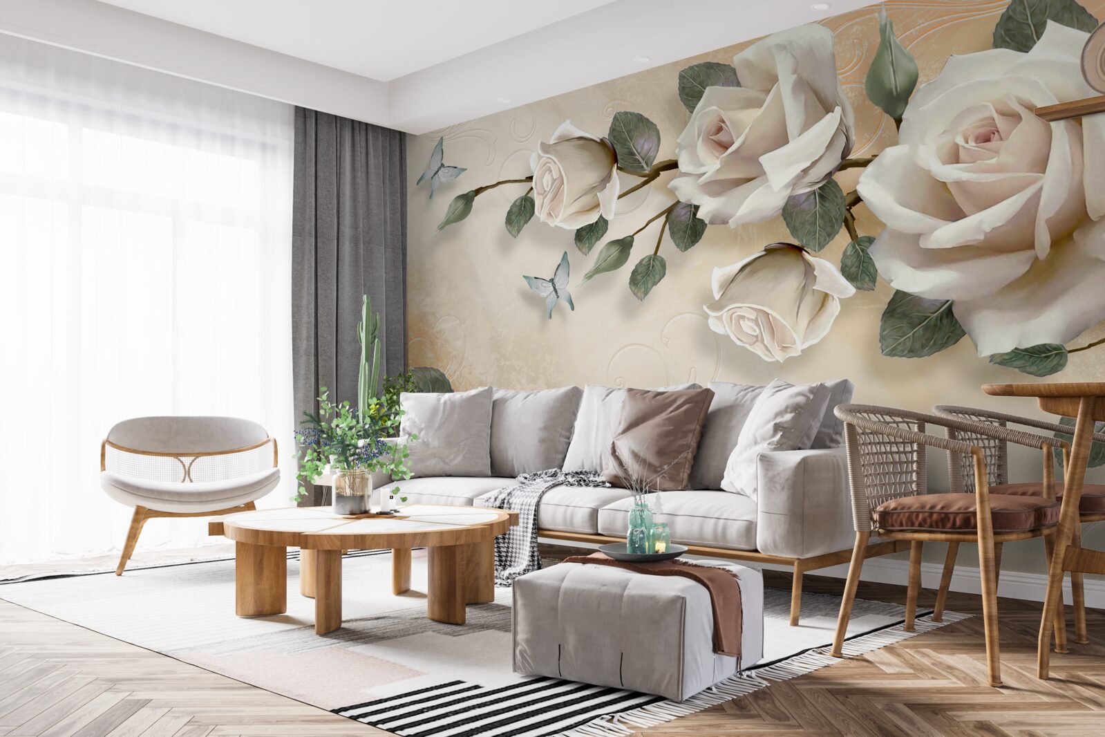 Фотошпалери метелики та гілка білої троянди з куща