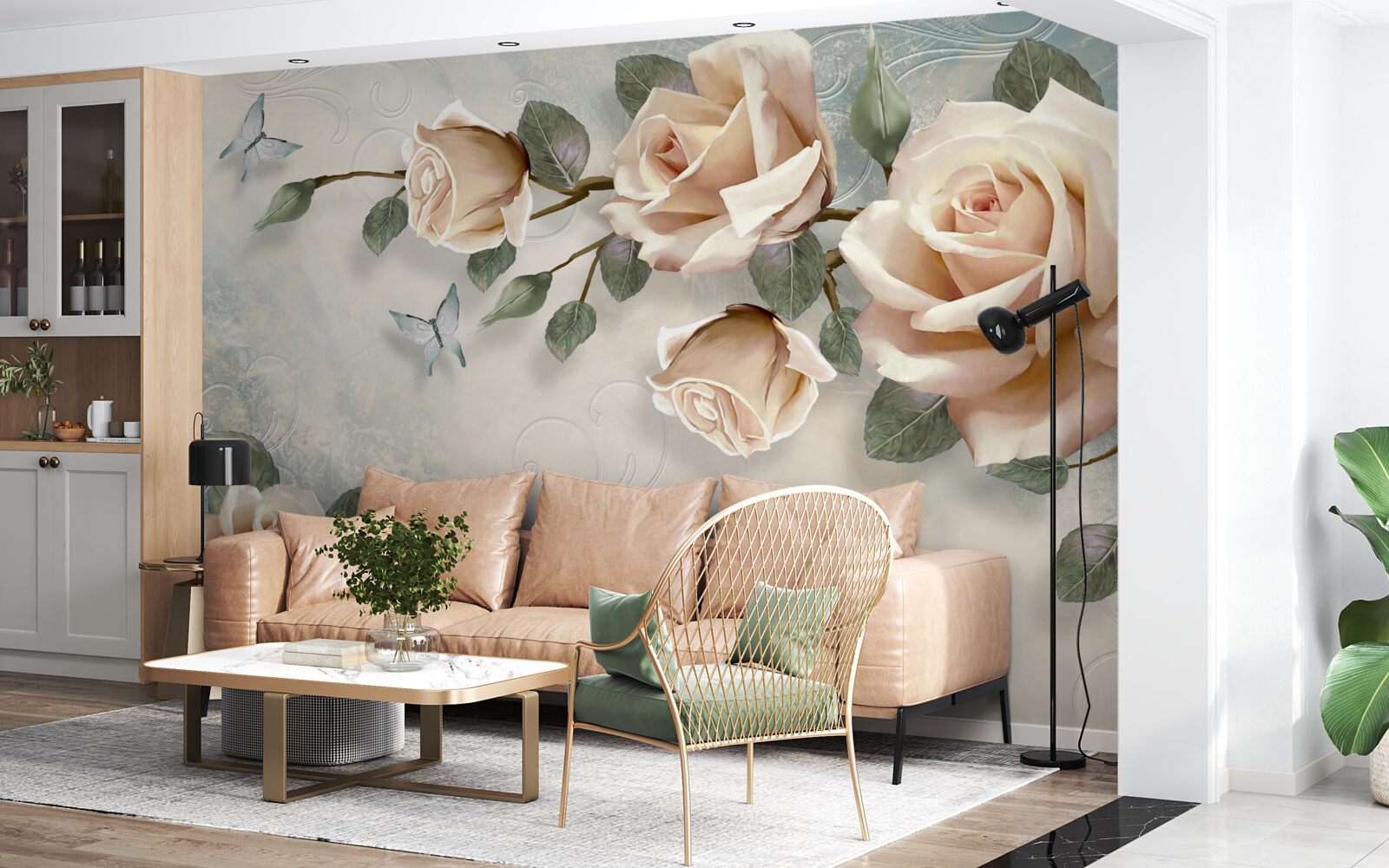 Фотошпалери персикова троянда і білі метелики пролітають