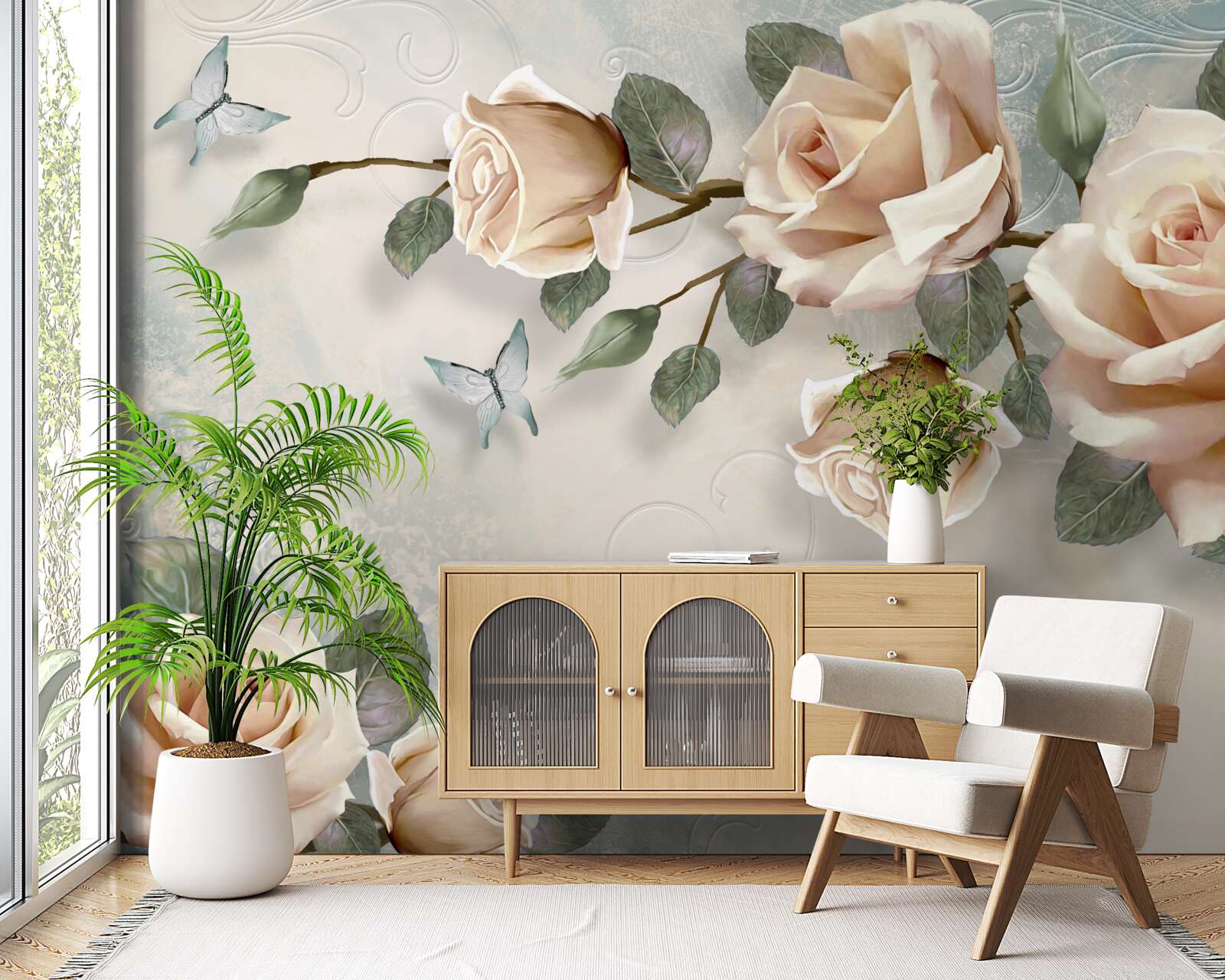 Фотошпалери персикова троянда і білі метелики пролітають