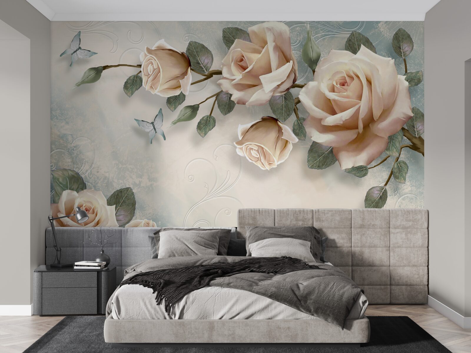 Фотошпалери персикова троянда і білі метелики пролітають