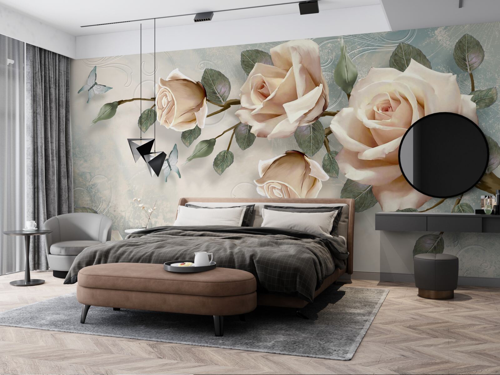 Фотошпалери персикова троянда і білі метелики пролітають