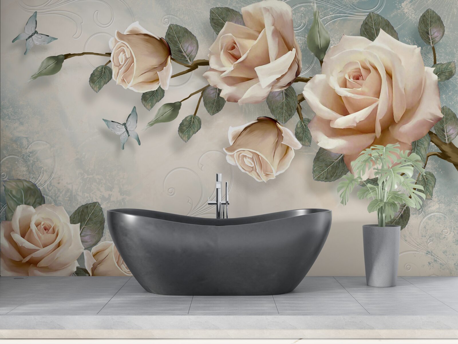 Фотошпалери персикова троянда і білі метелики пролітають