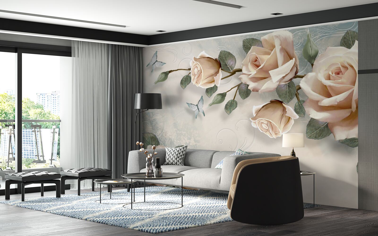 Фотошпалери персикова троянда і білі метелики пролітають