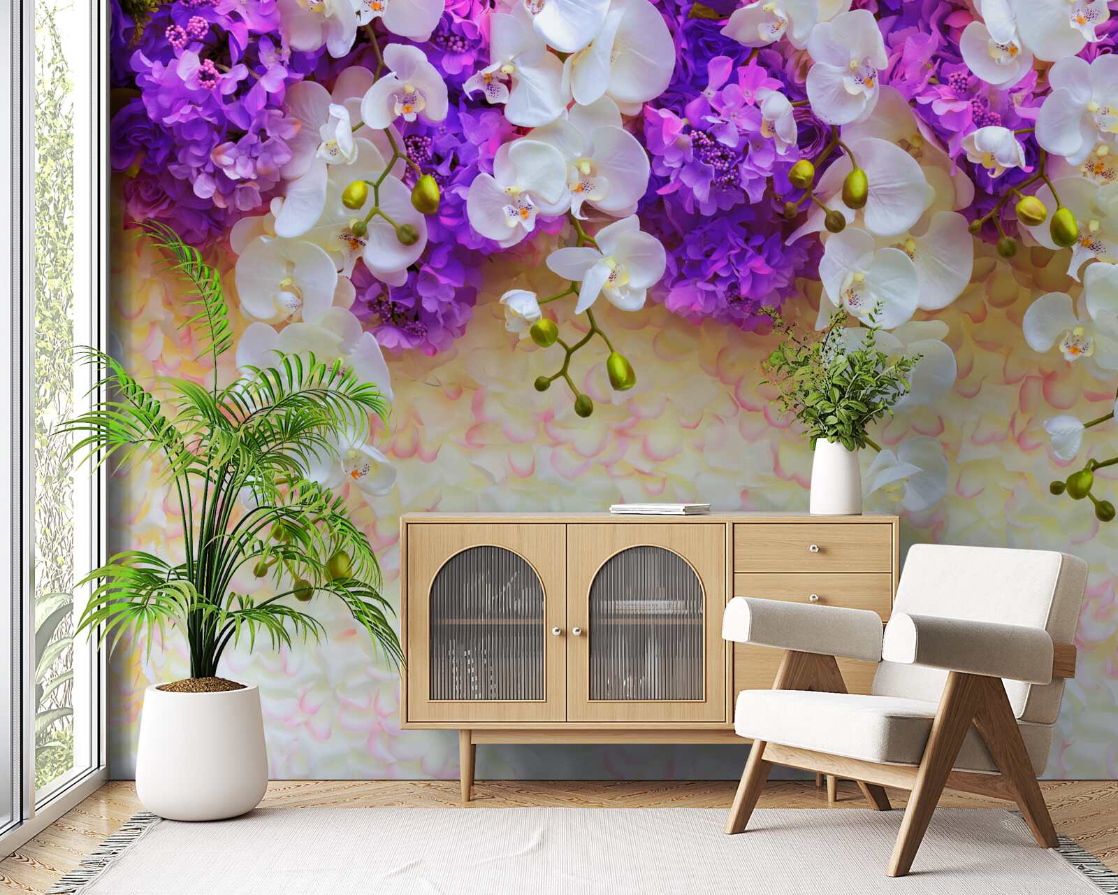 Фотошпалери Білосніжні орхідеї та квіти бузку