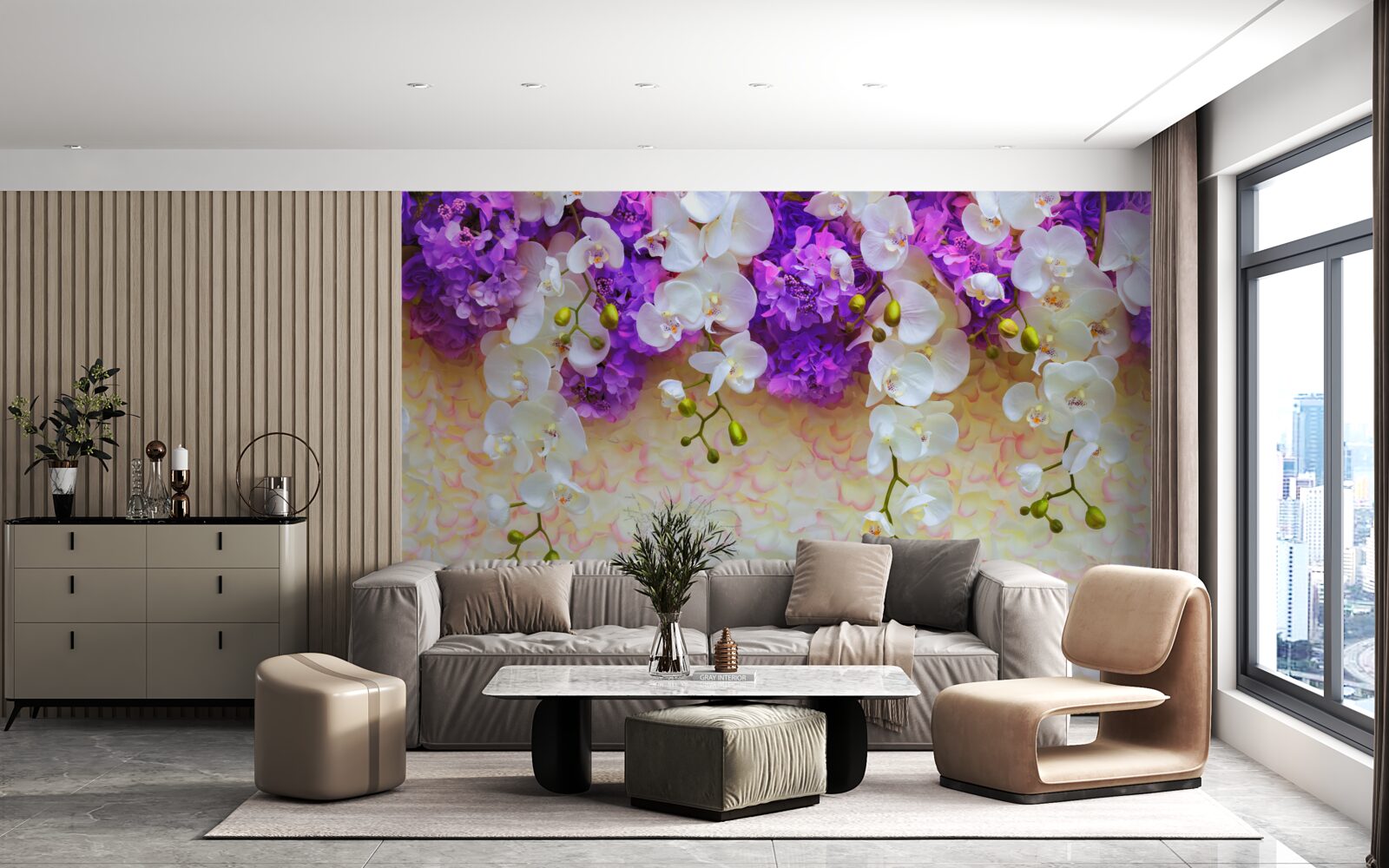 Фотошпалери Білосніжні орхідеї та квіти бузку