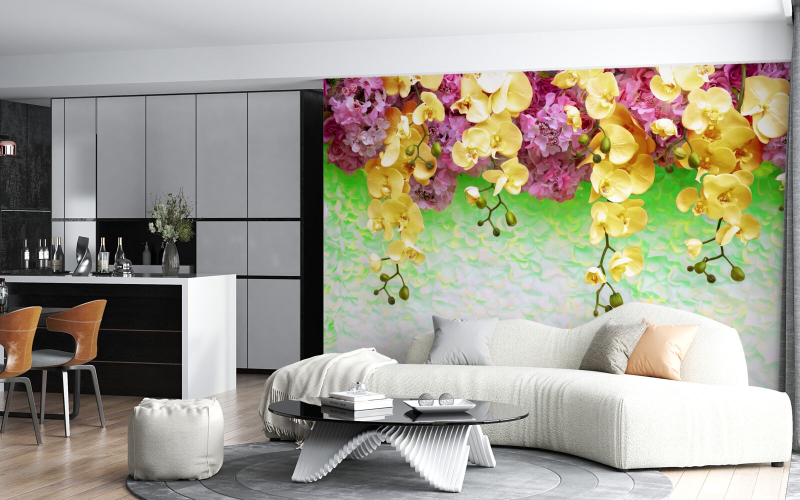 Фотошпалери легкозаймисті жовто-червоні бутони на блідій основі