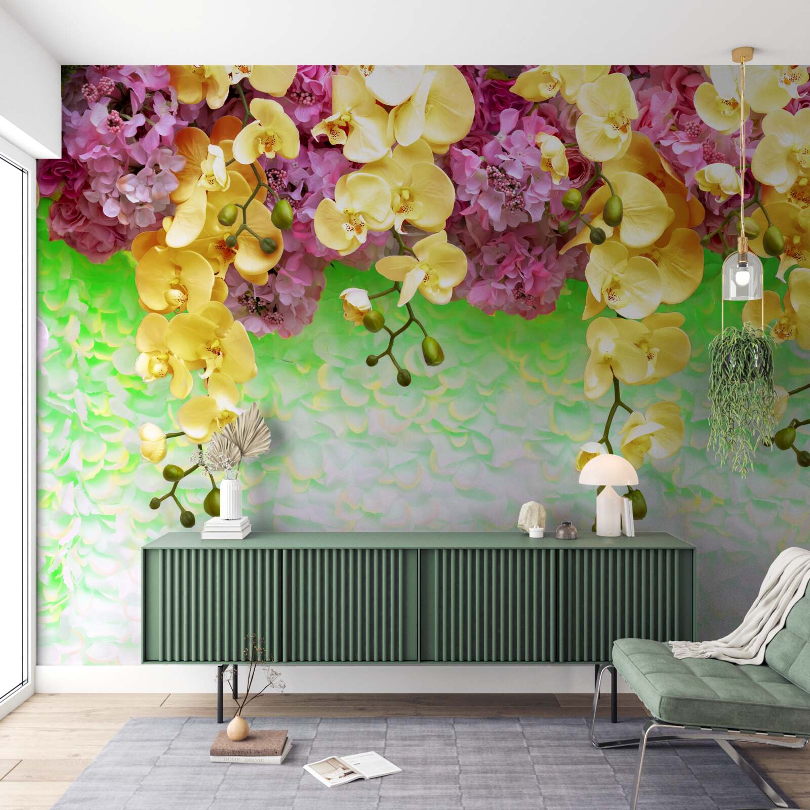 Фотошпалери легкозаймисті жовто-червоні бутони на блідій основі