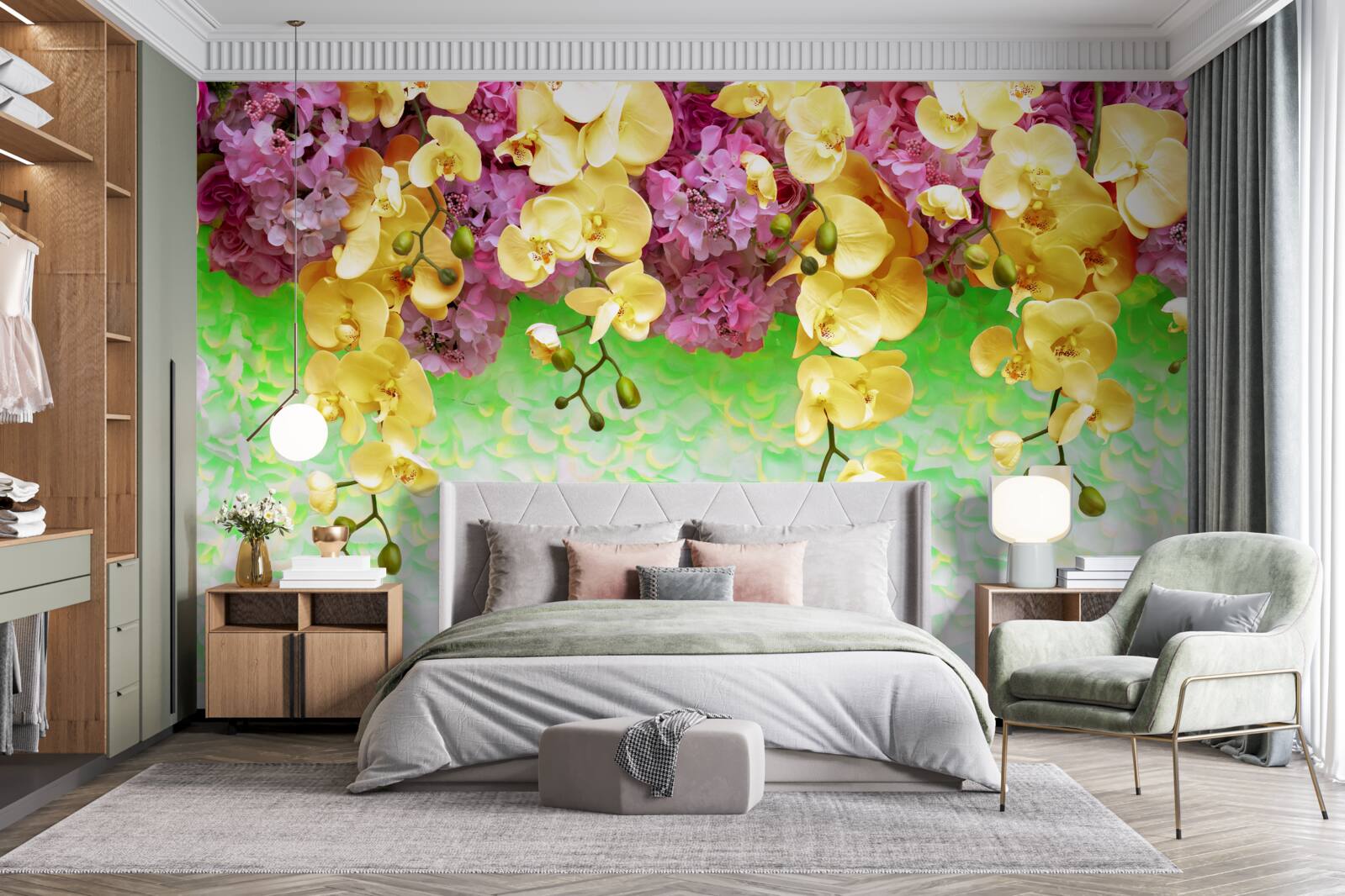 Фотошпалери легкозаймисті жовто-червоні бутони на блідій основі