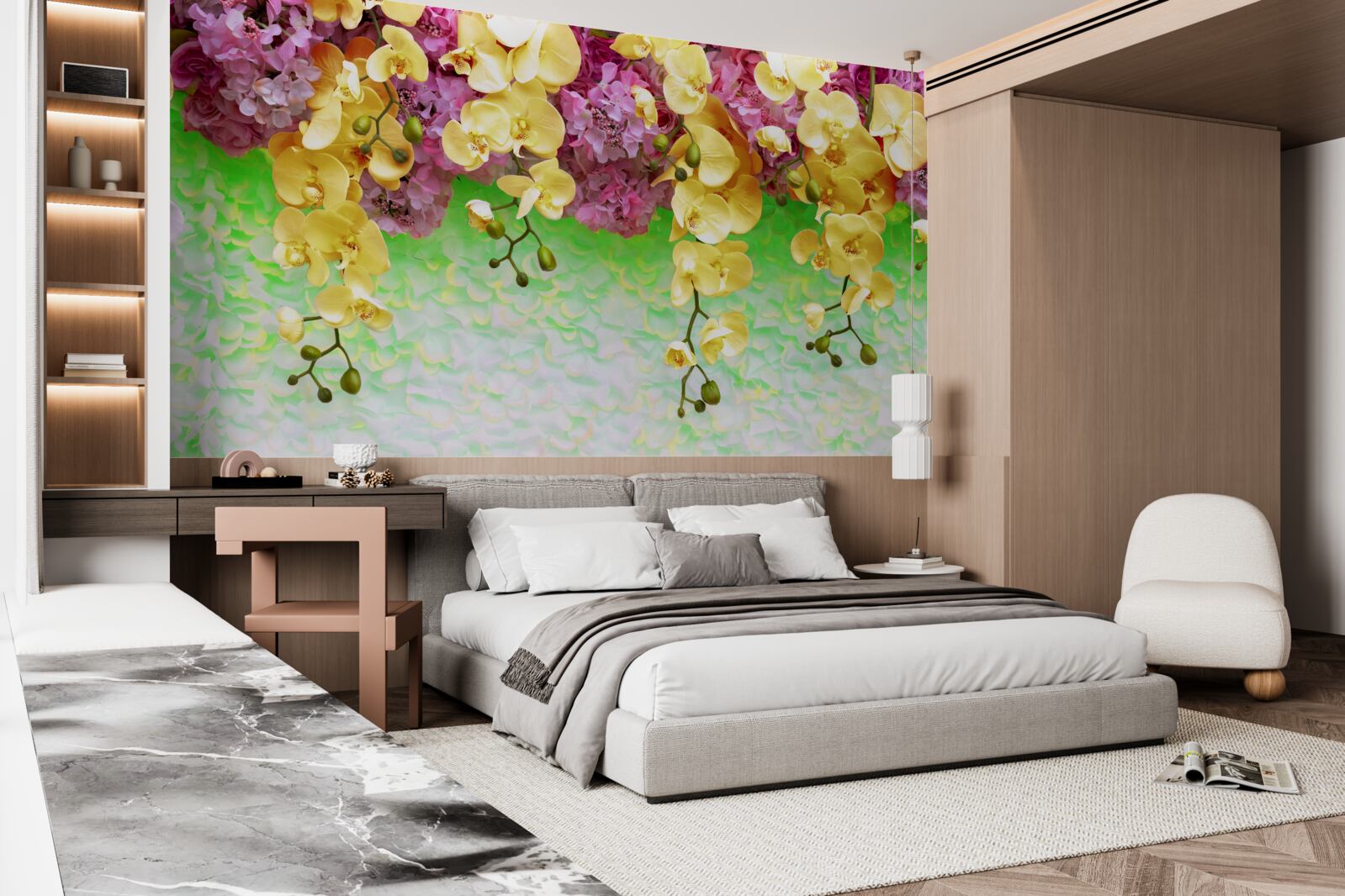 Фотошпалери легкозаймисті жовто-червоні бутони на блідій основі