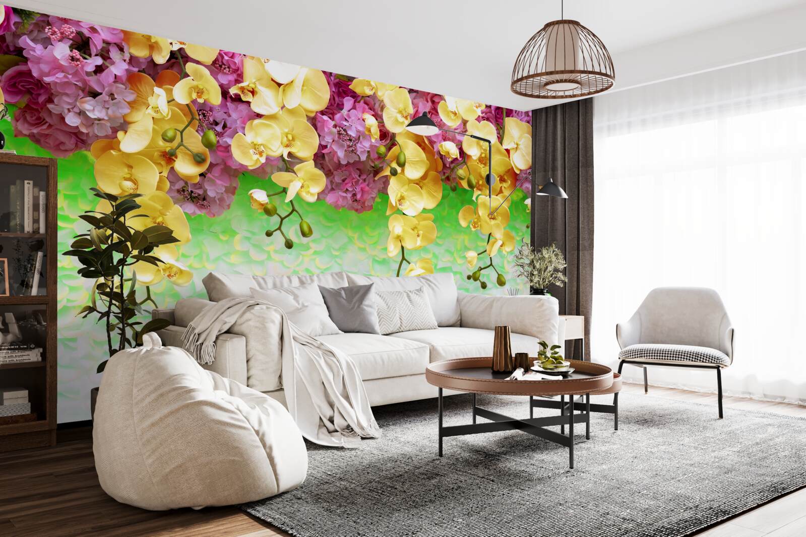 Фотошпалери легкозаймисті жовто-червоні бутони на блідій основі