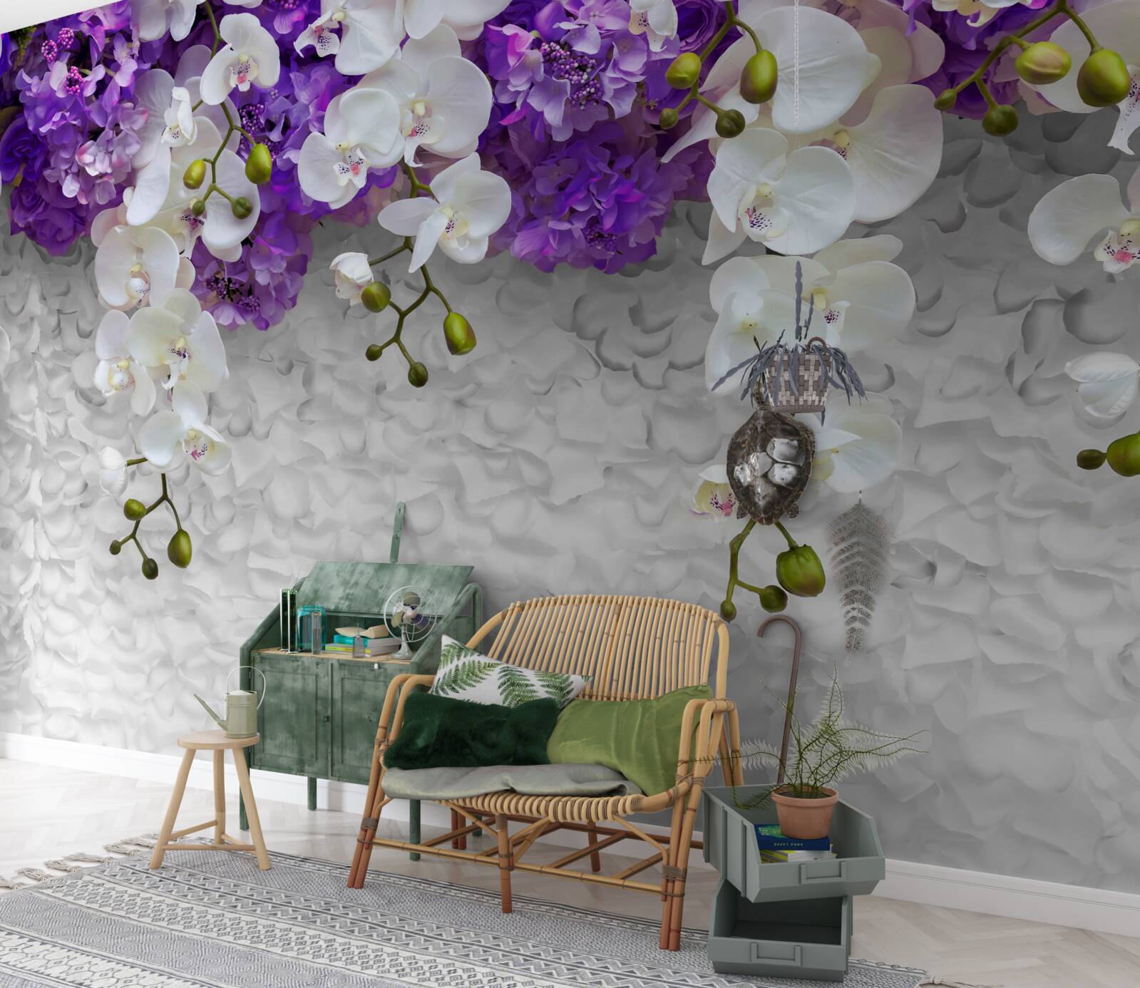 Фотошпалери бар'єр з фіолетових рослин та білої орхідеї