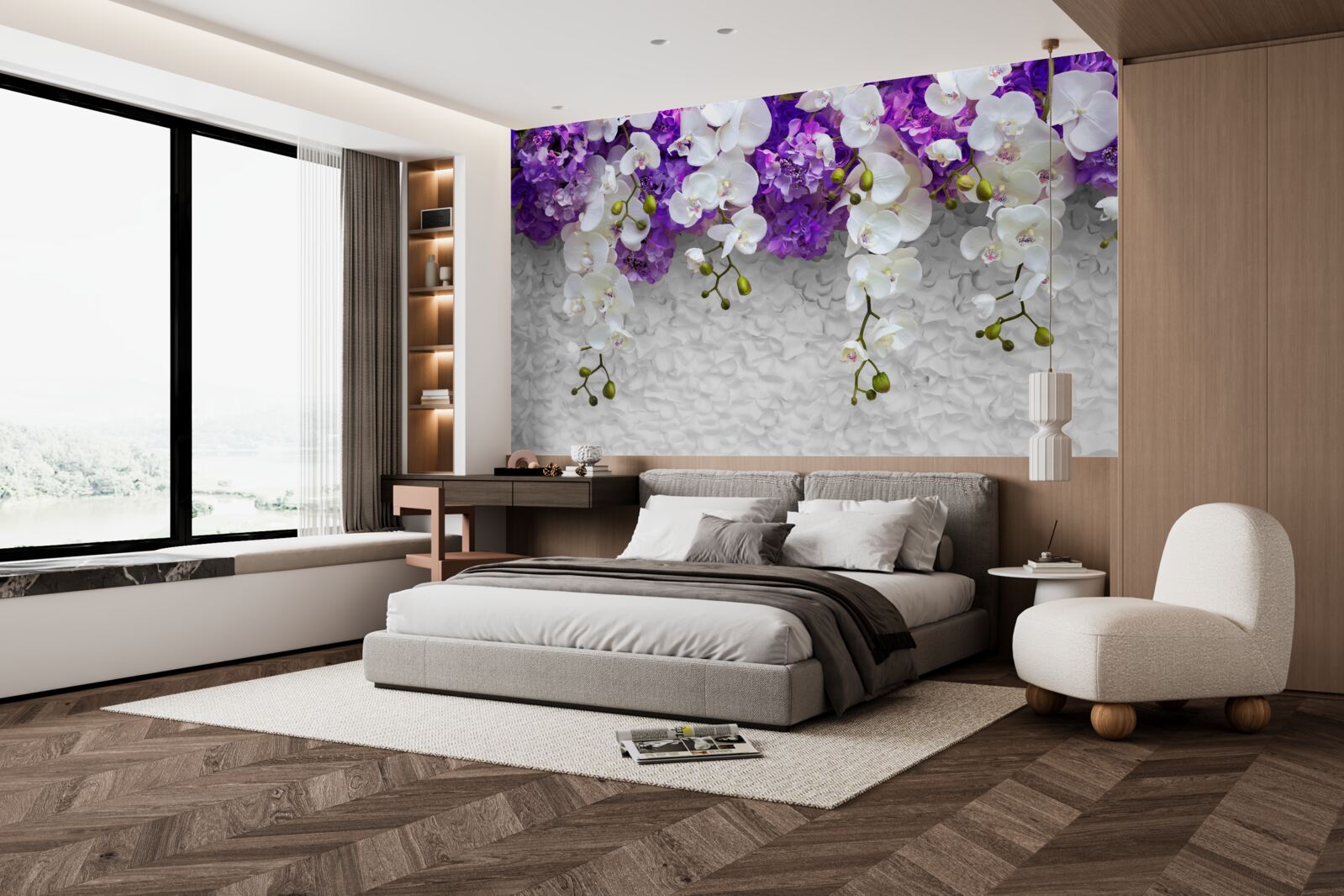 Фотошпалери бар'єр з фіолетових рослин та білої орхідеї