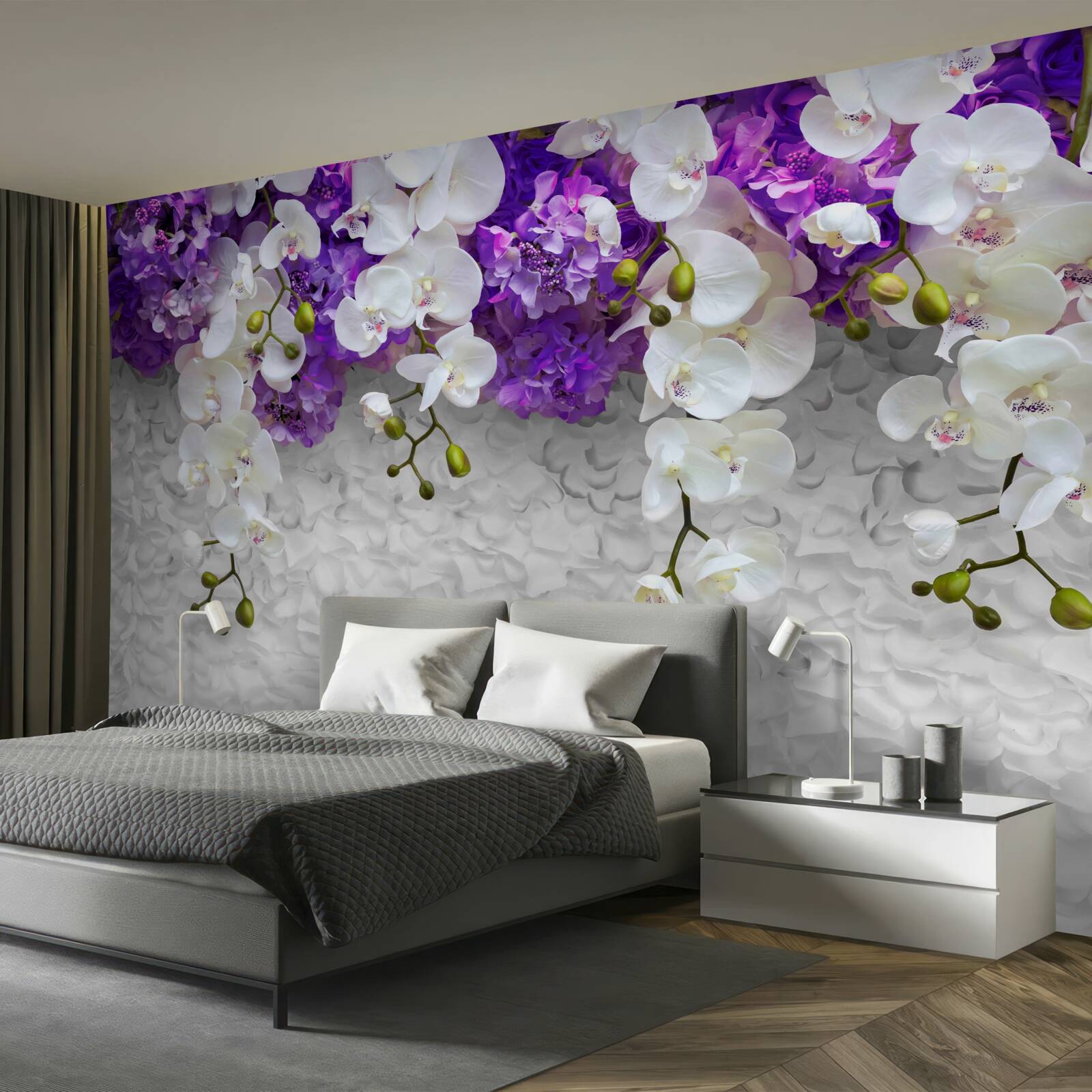 Фотошпалери бар'єр з фіолетових рослин та білої орхідеї