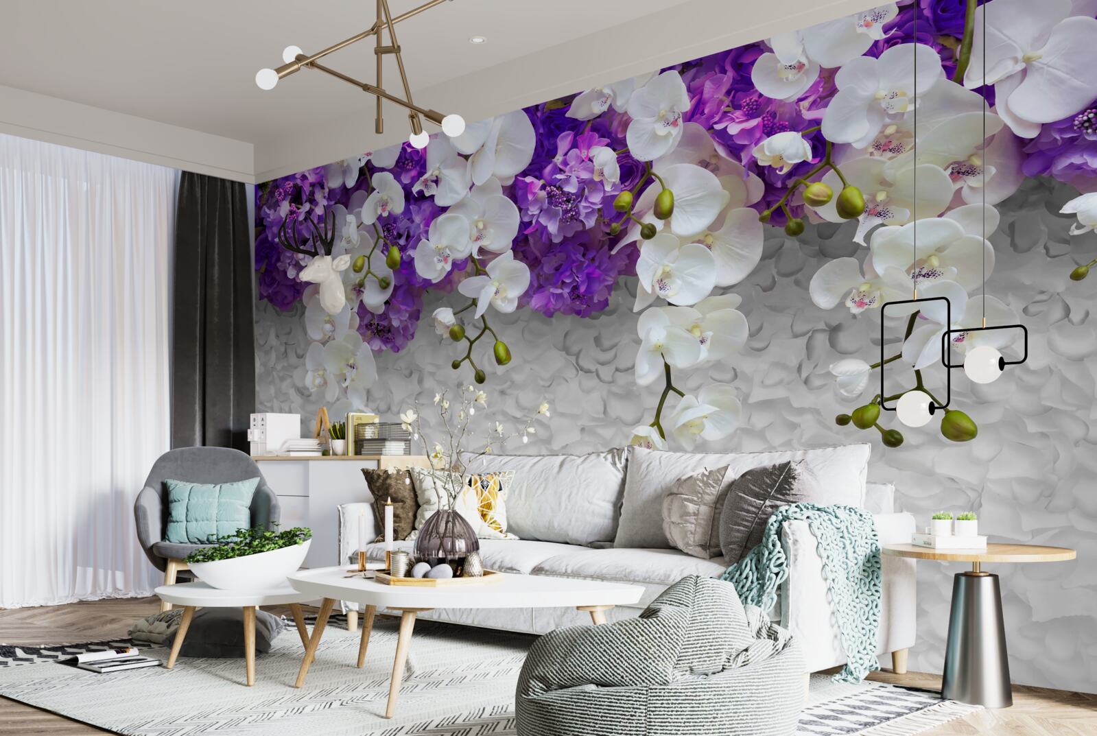 Фотошпалери бар'єр з фіолетових рослин та білої орхідеї