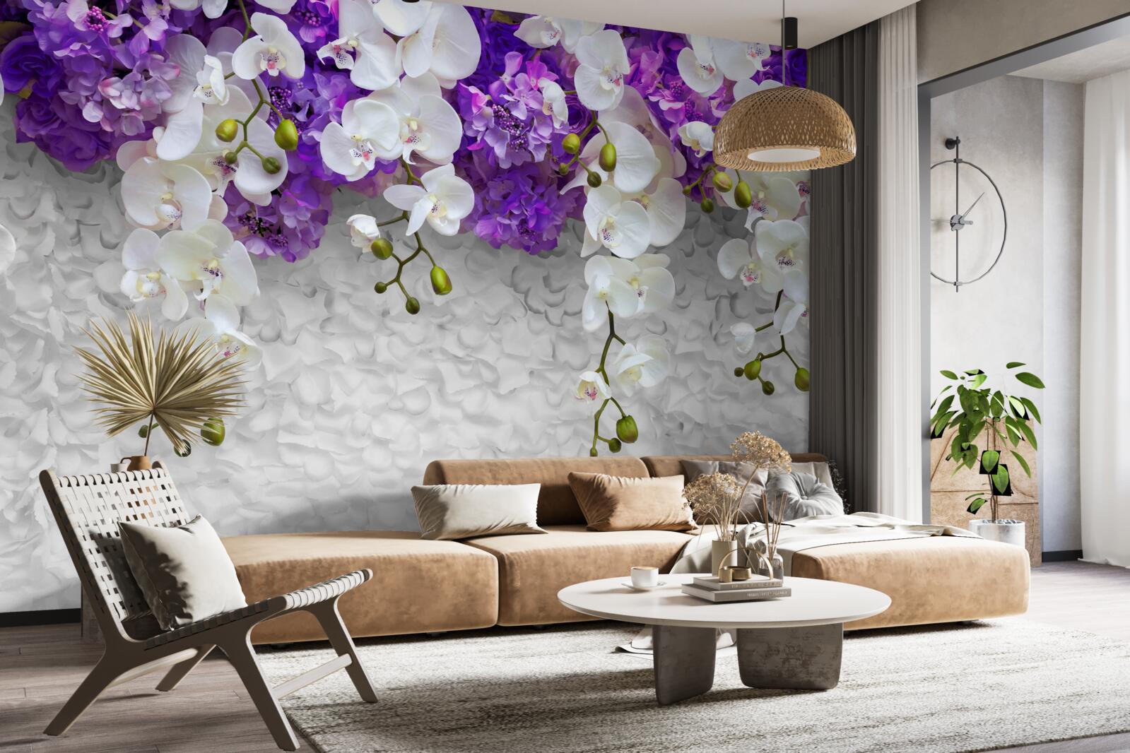 Фотошпалери бар'єр з фіолетових рослин та білої орхідеї