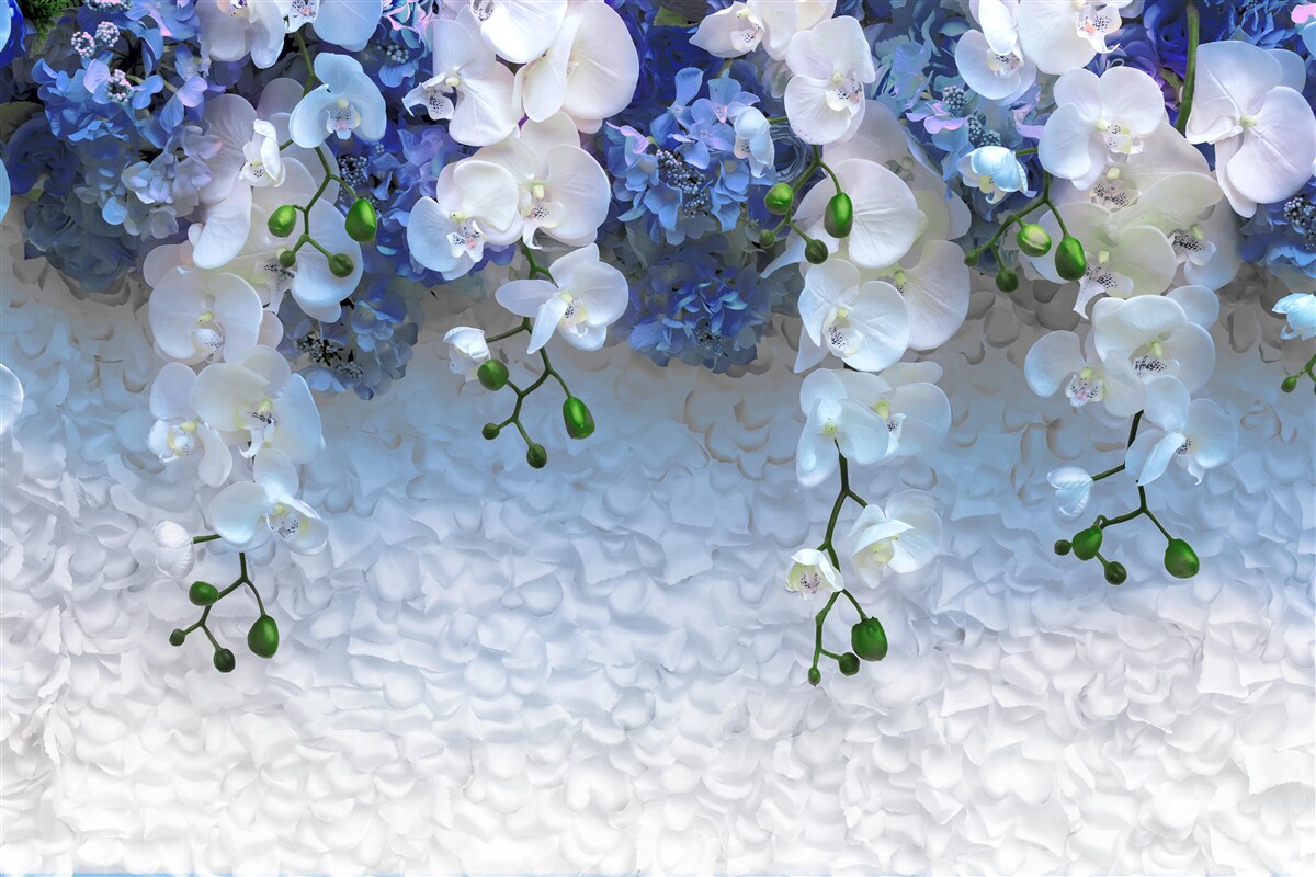 Фотошпалери падаючі блакитні та білі квіти