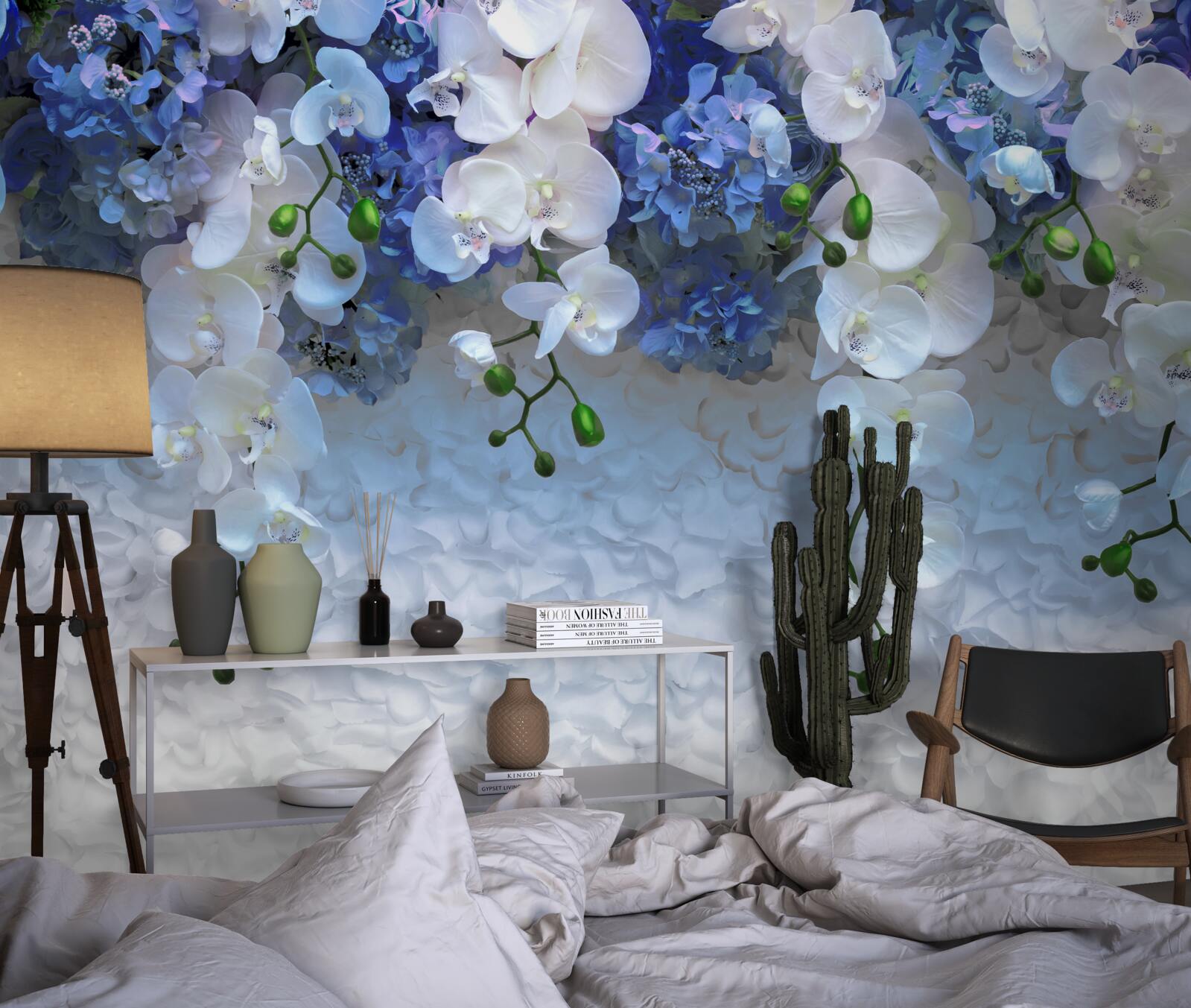 Фотошпалери падаючі блакитні та білі квіти