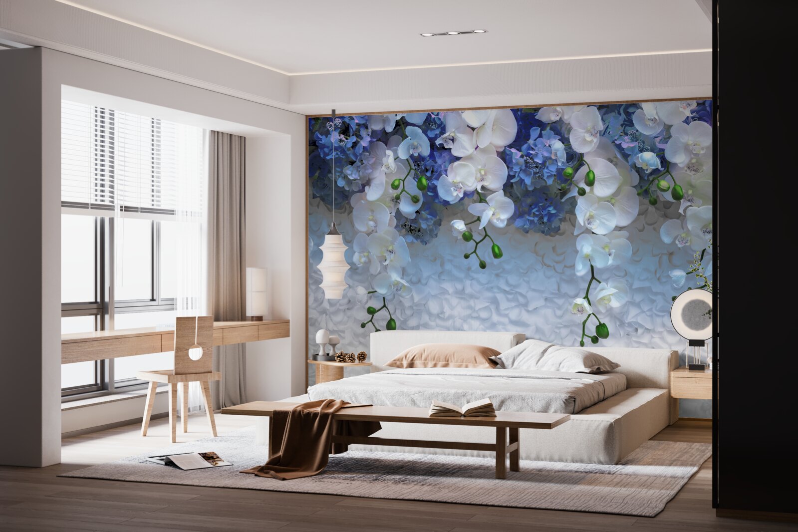 Фотошпалери падаючі блакитні та білі квіти