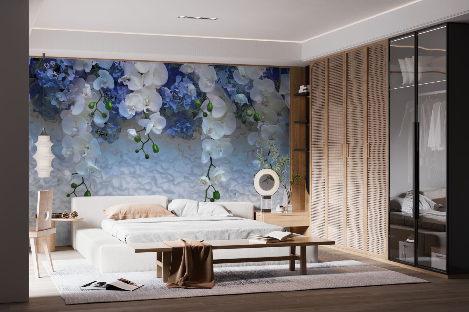 Фотошпалери падаючі блакитні та білі квіти