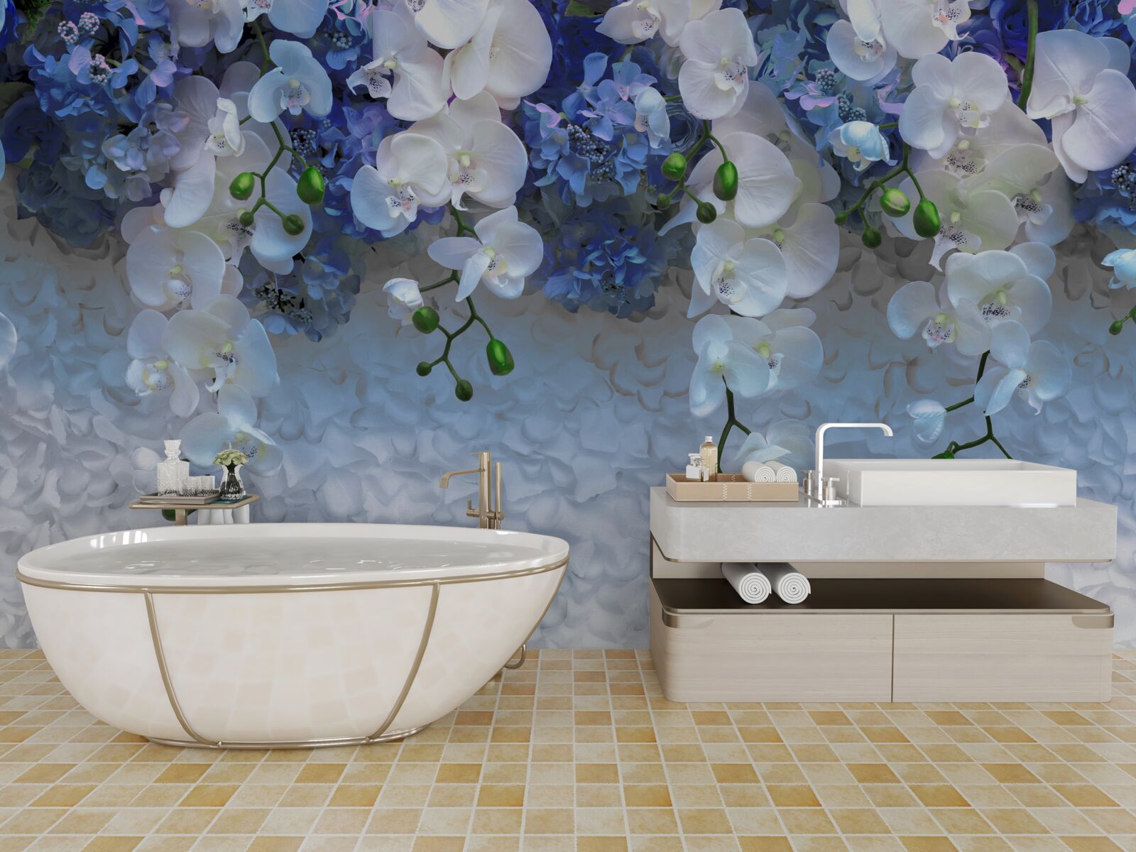 Фотошпалери падаючі блакитні та білі квіти