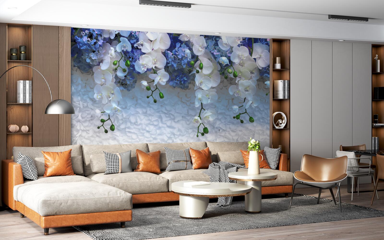 Фотошпалери падаючі блакитні та білі квіти