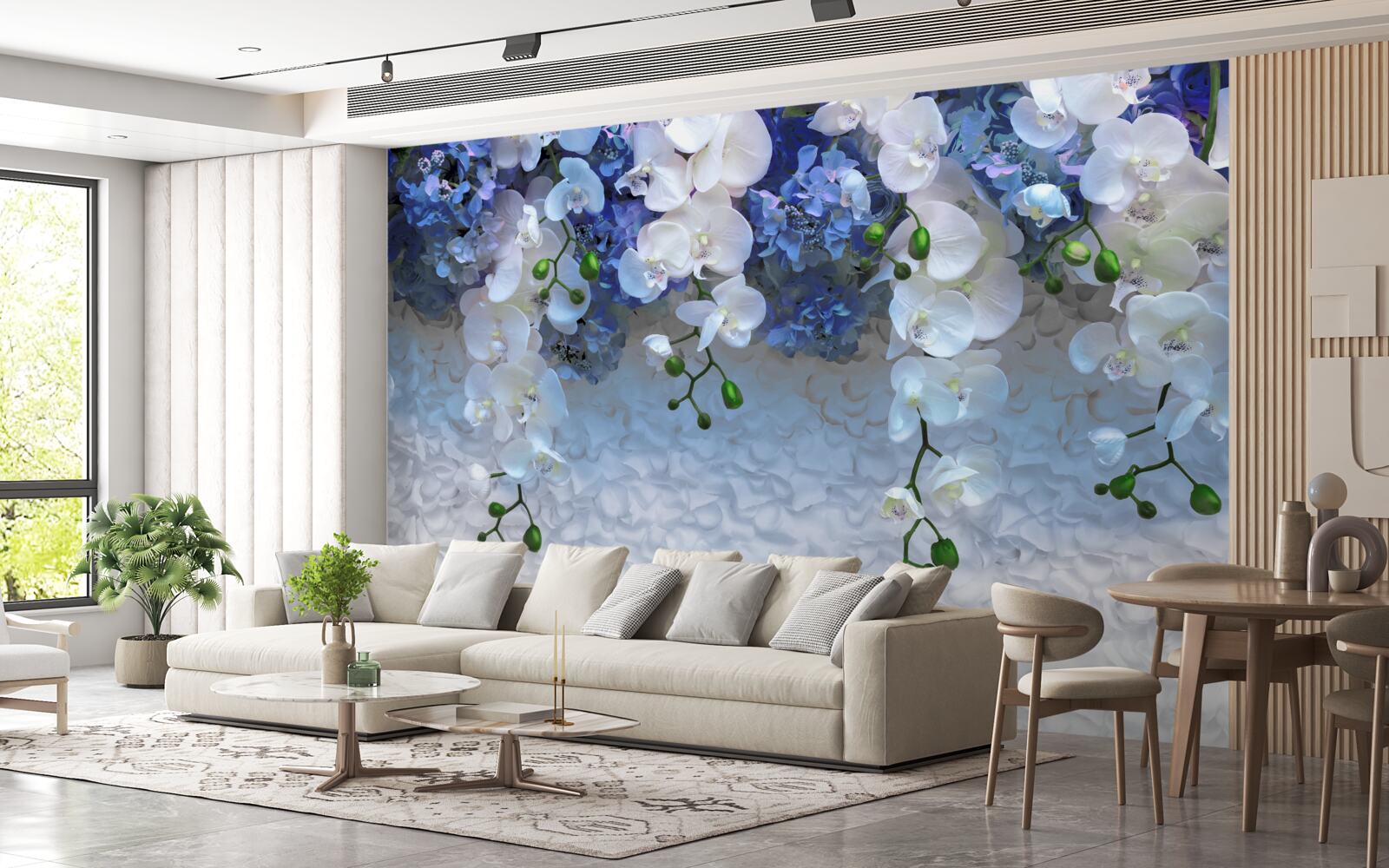 Фотошпалери падаючі блакитні та білі квіти