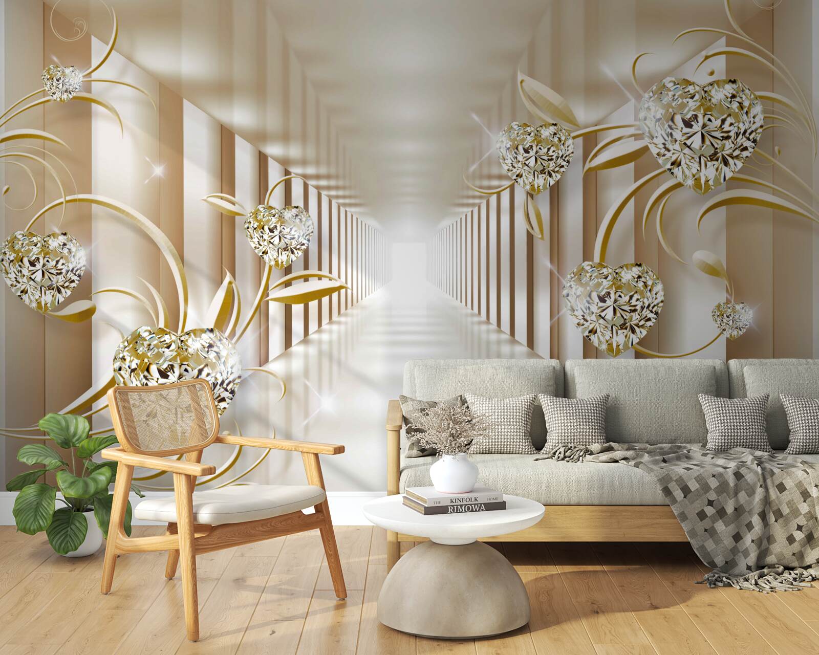 Фотошпалери коридор із золотими прикрасами та абстрактними колонами