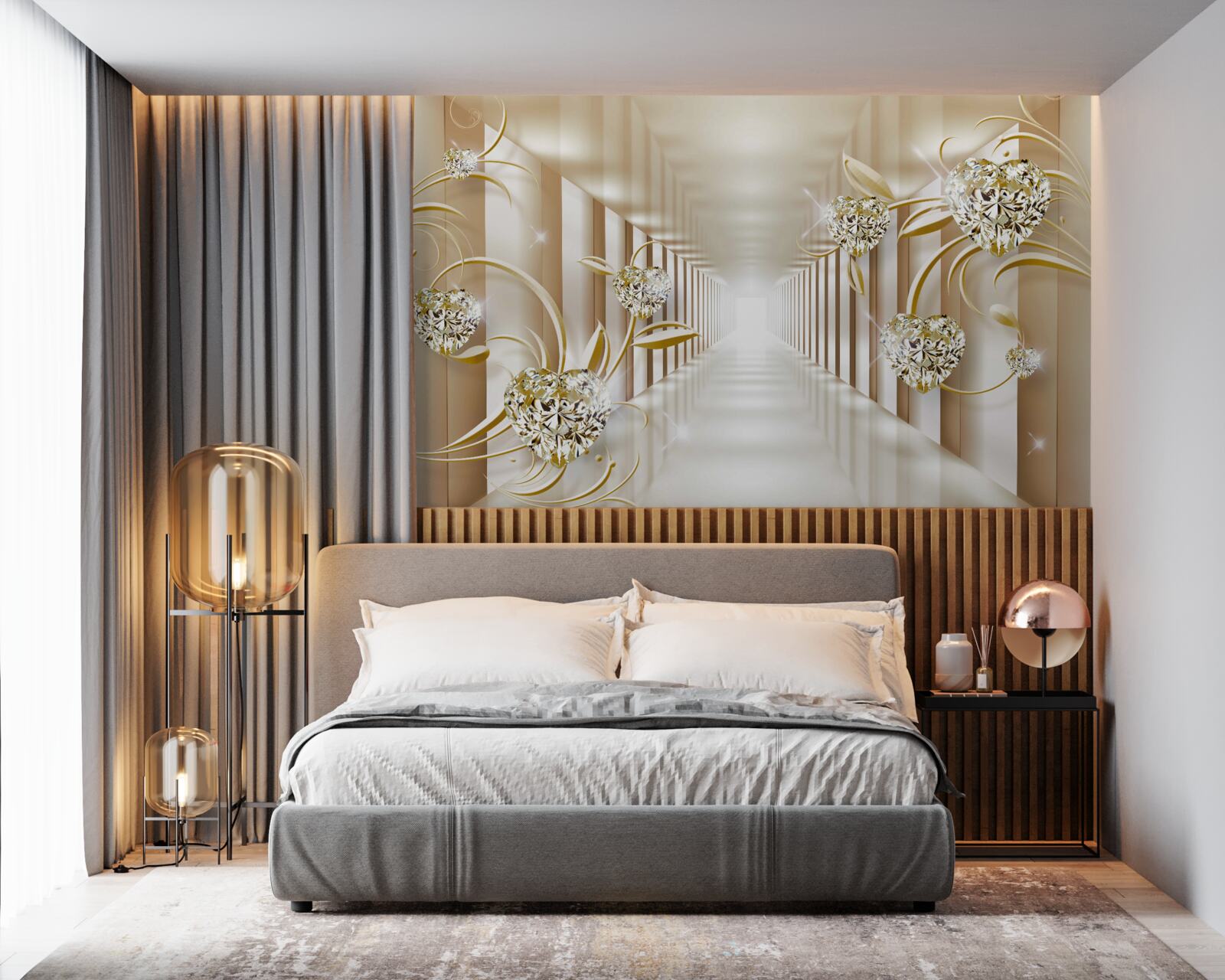 Фотошпалери коридор із золотими прикрасами та абстрактними колонами