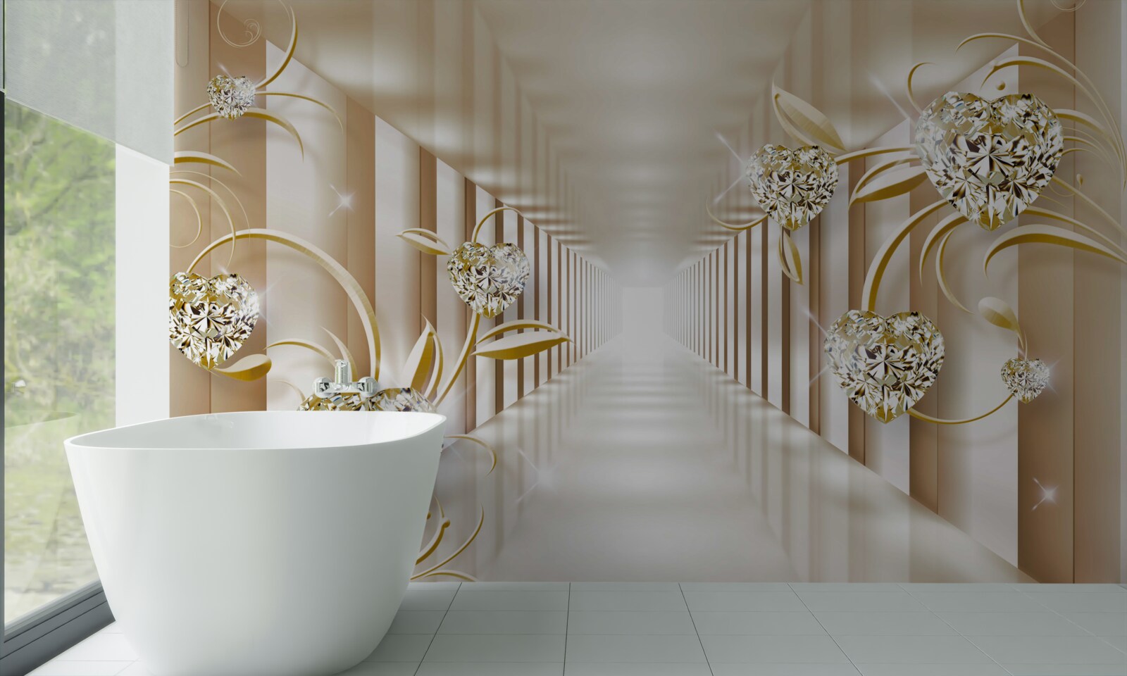 Фотошпалери коридор із золотими прикрасами та абстрактними колонами