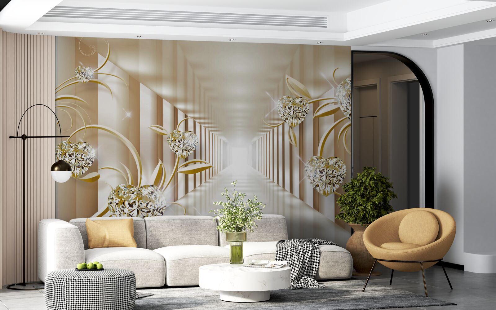 Фотошпалери коридор із золотими прикрасами та абстрактними колонами