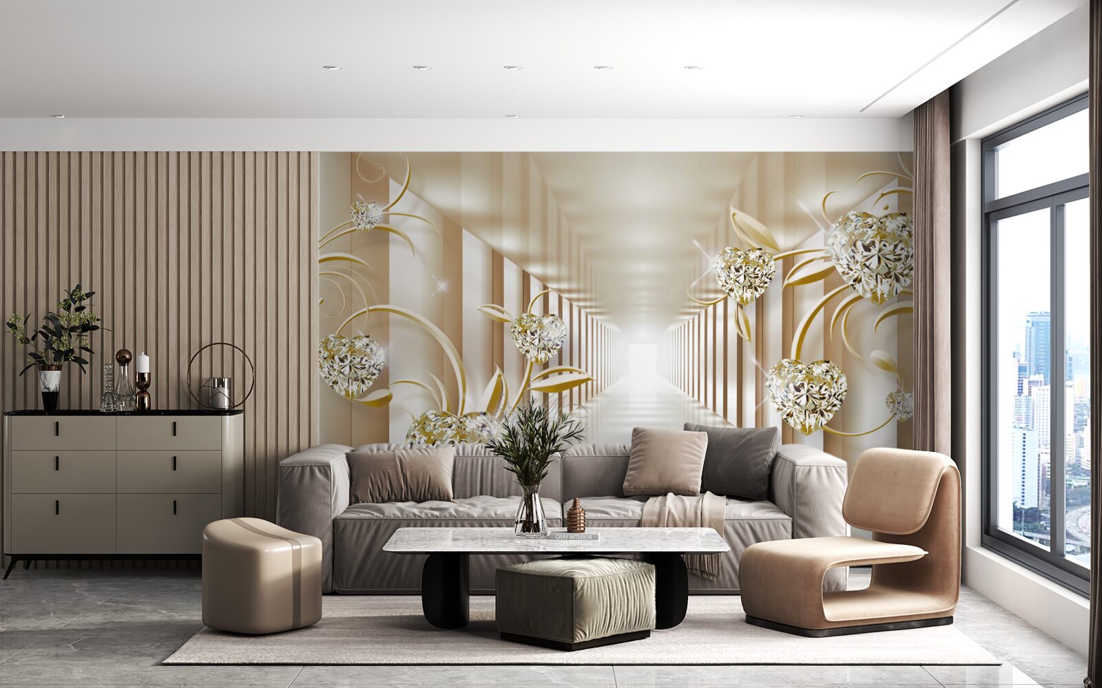 Фотошпалери коридор із золотими прикрасами та абстрактними колонами